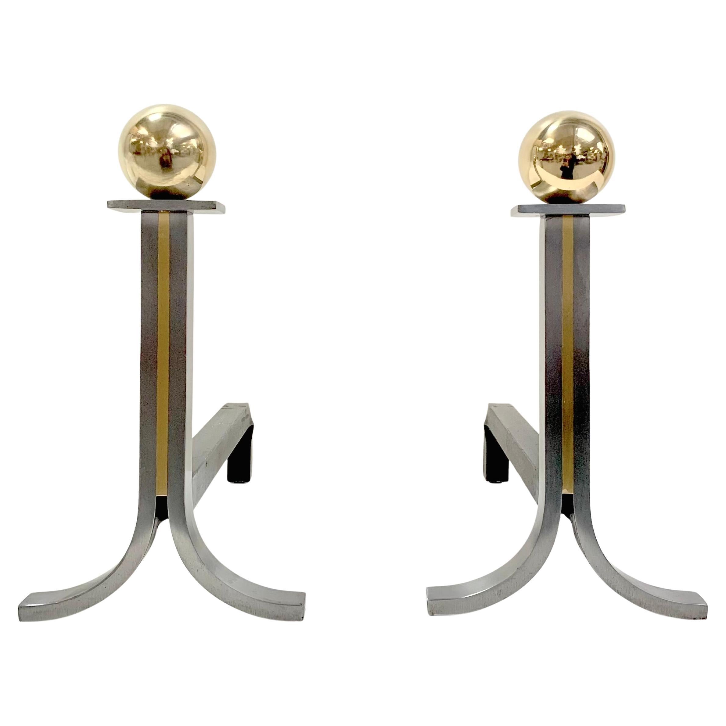 Mid-Century Decorative Steel and Brass Andirons, circa 1960, France. im Angebot