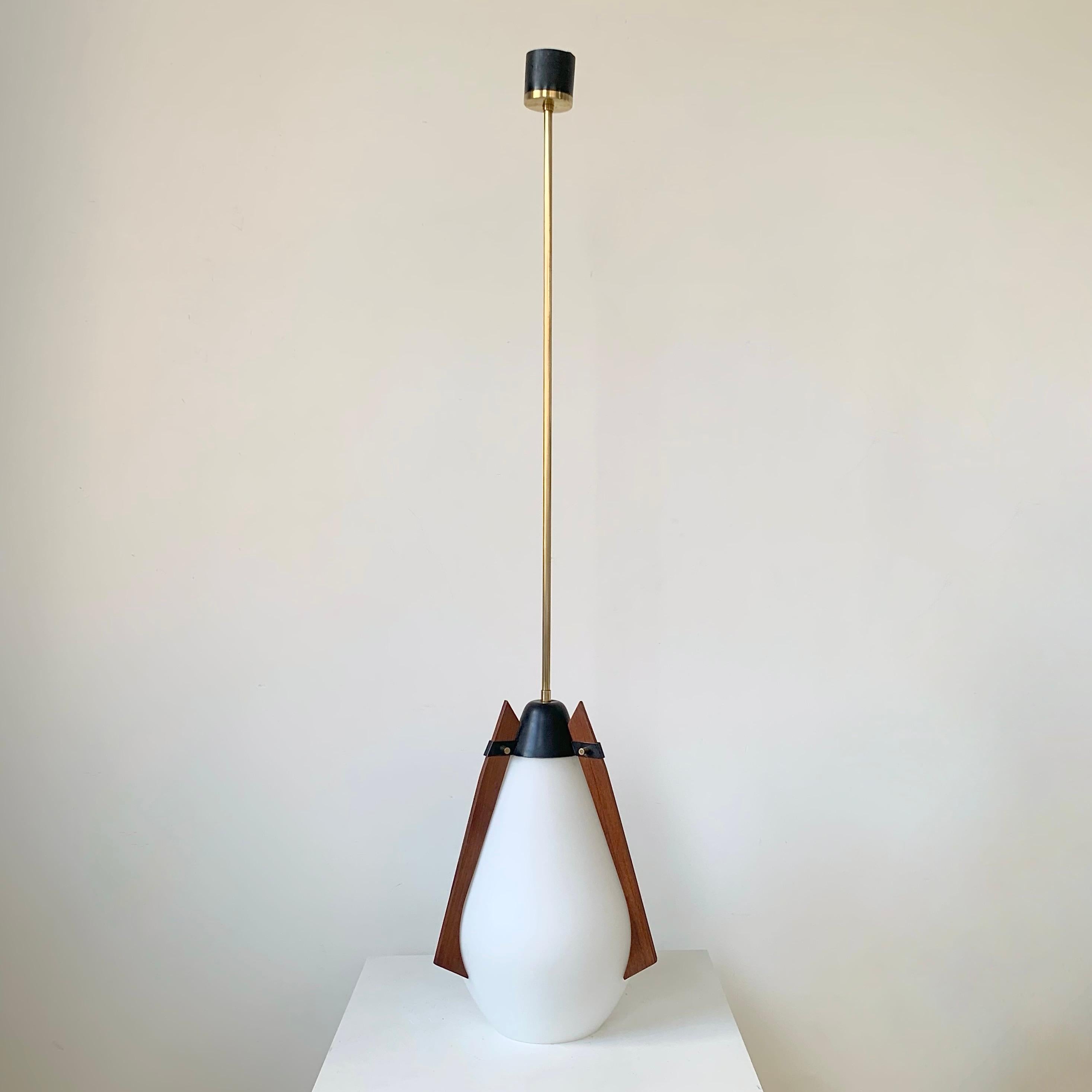 Mid-Century Modern Mid-Century Decorative Teck and Brass Pendant Lamp, circa 1960, Italy. For Sale
