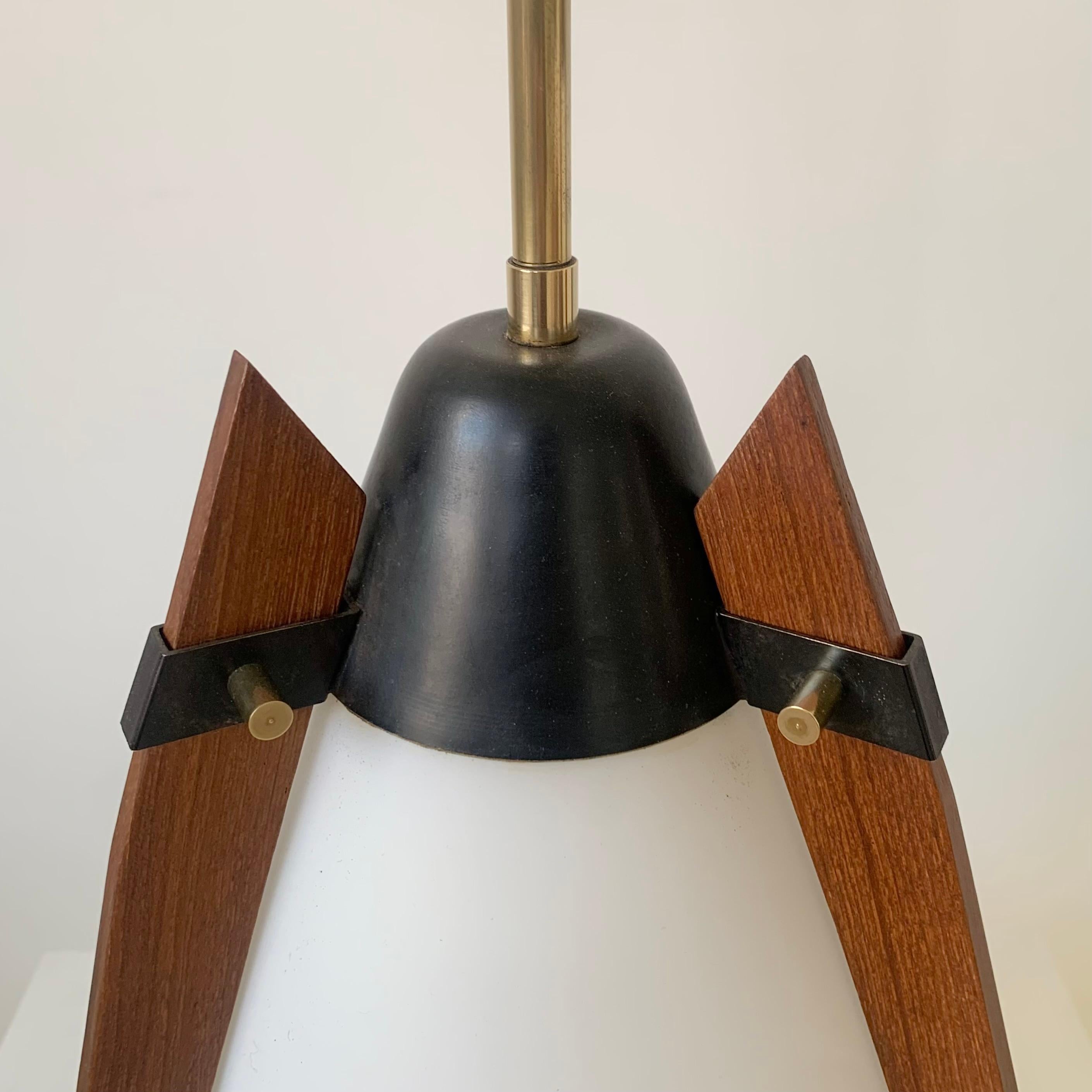 Mid-Century Decorative Teck and Brass Pendant Lamp, circa 1960, Italy. For Sale 2