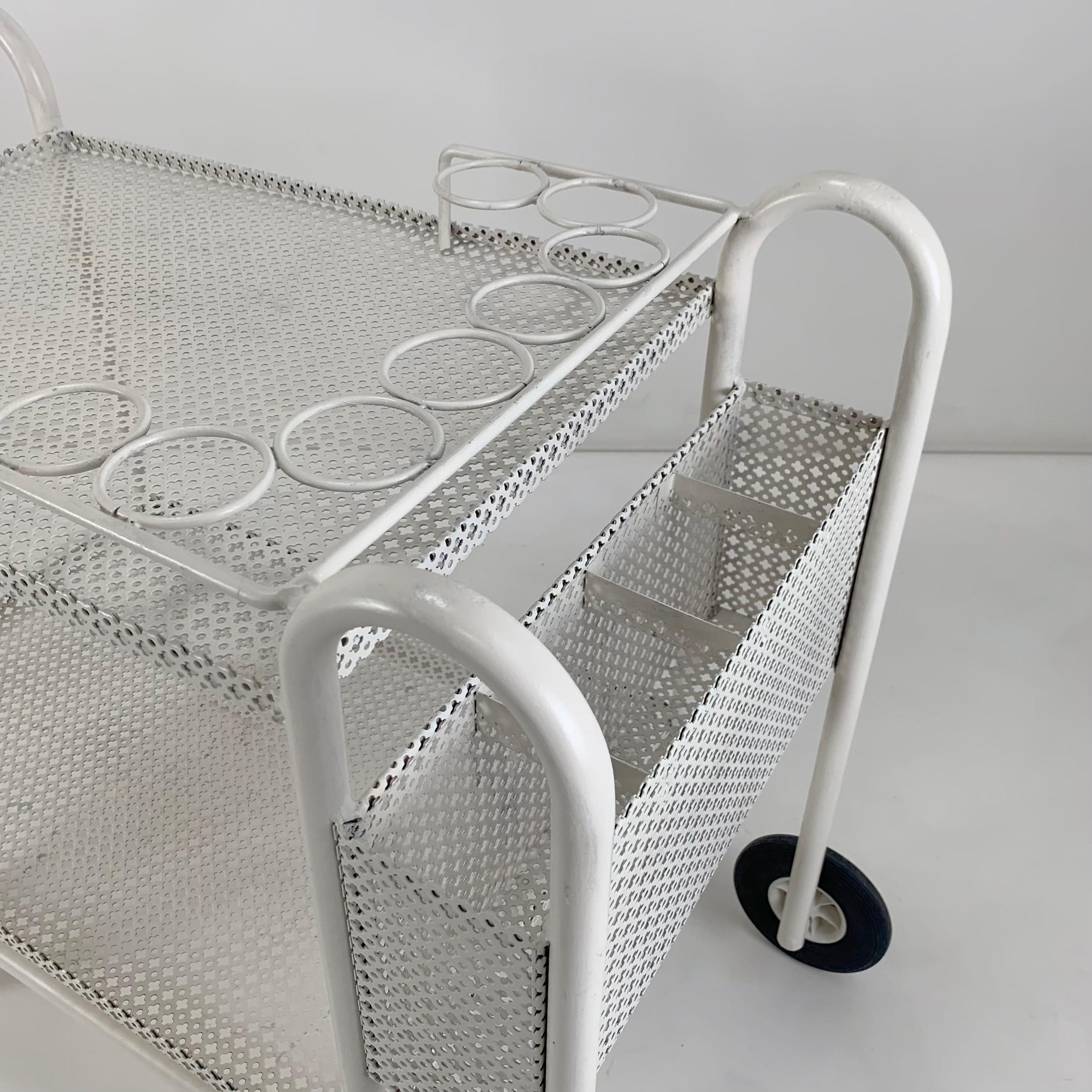 Mid-Century Decorative White Perforated Metal Bar Cart, circa 1950, France. 4