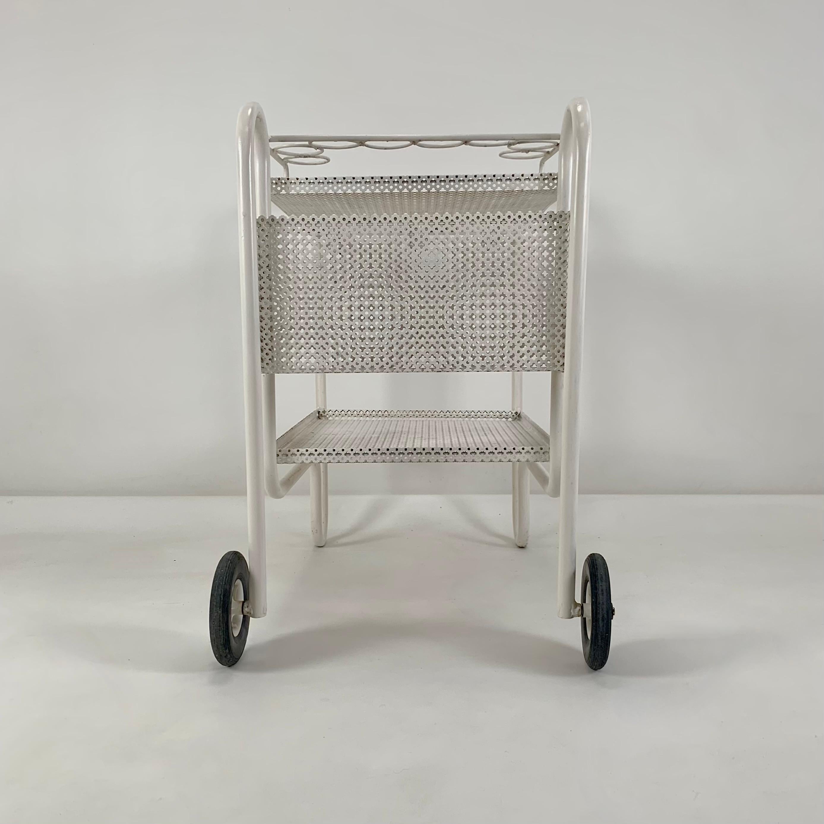Mid-Century Decorative White Perforated Metal Bar Cart, circa 1950, France. 6