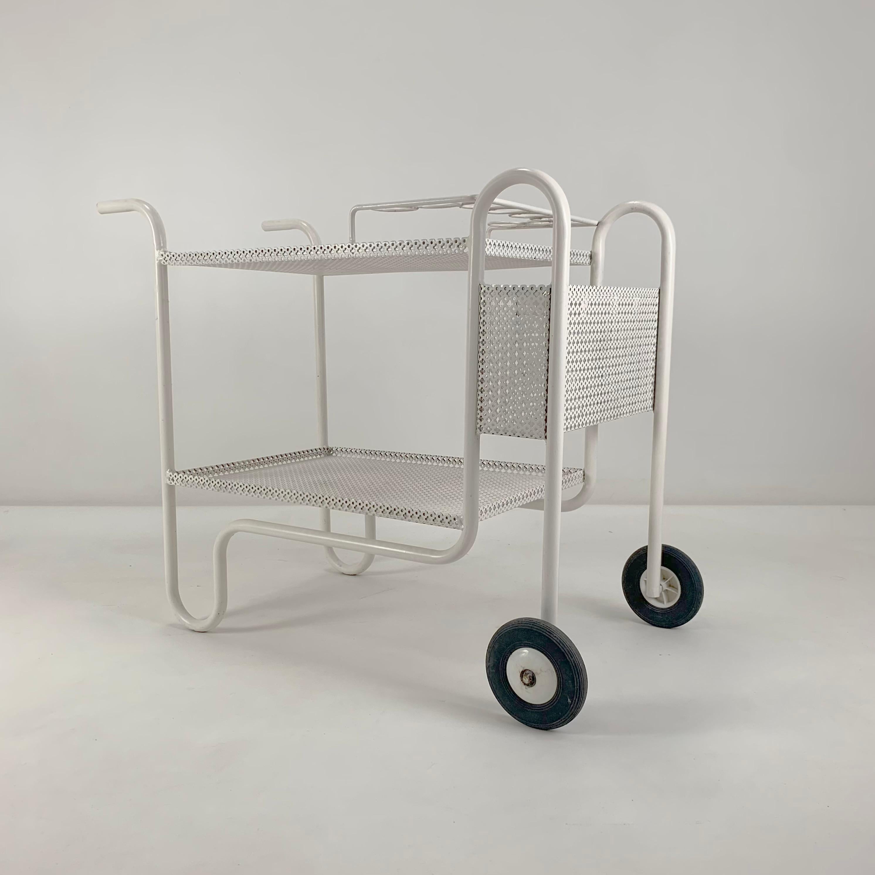 Mid-Century Decorative White Perforated Metal Bar Cart, circa 1950, France. 7
