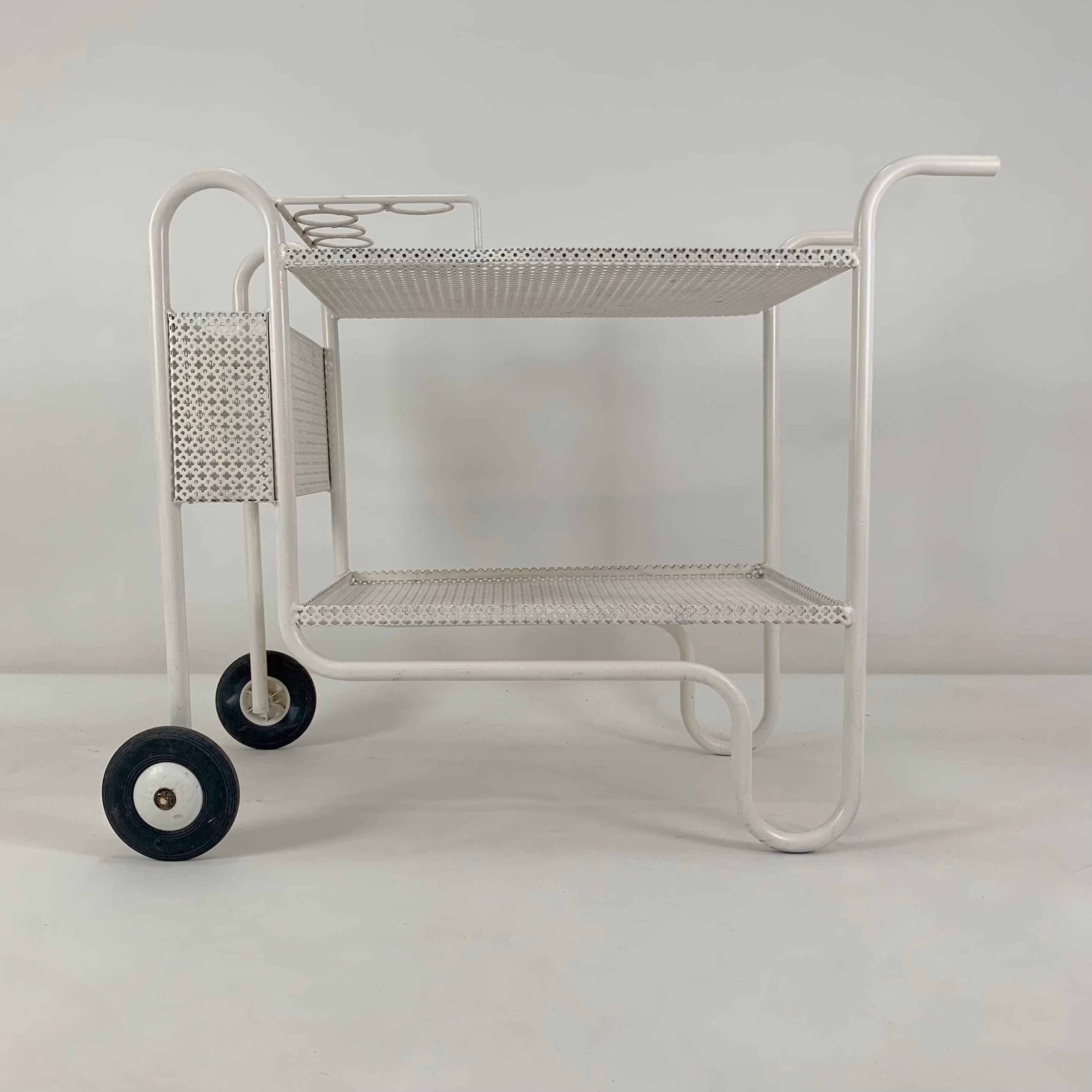 Mid-Century Modern Mid-Century Decorative White Perforated Metal Bar Cart, circa 1950, France.