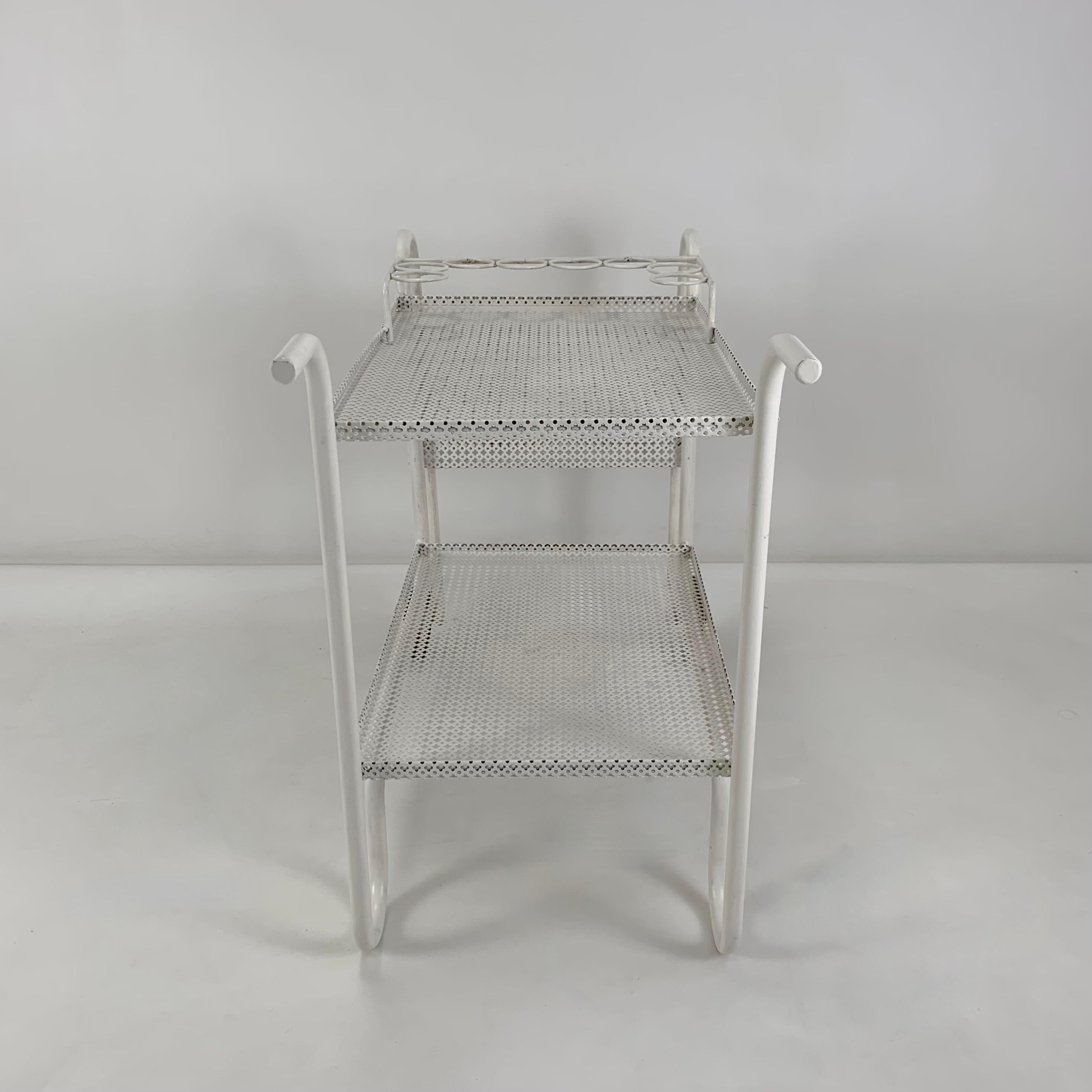 French Mid-Century Decorative White Perforated Metal Bar Cart, circa 1950, France.