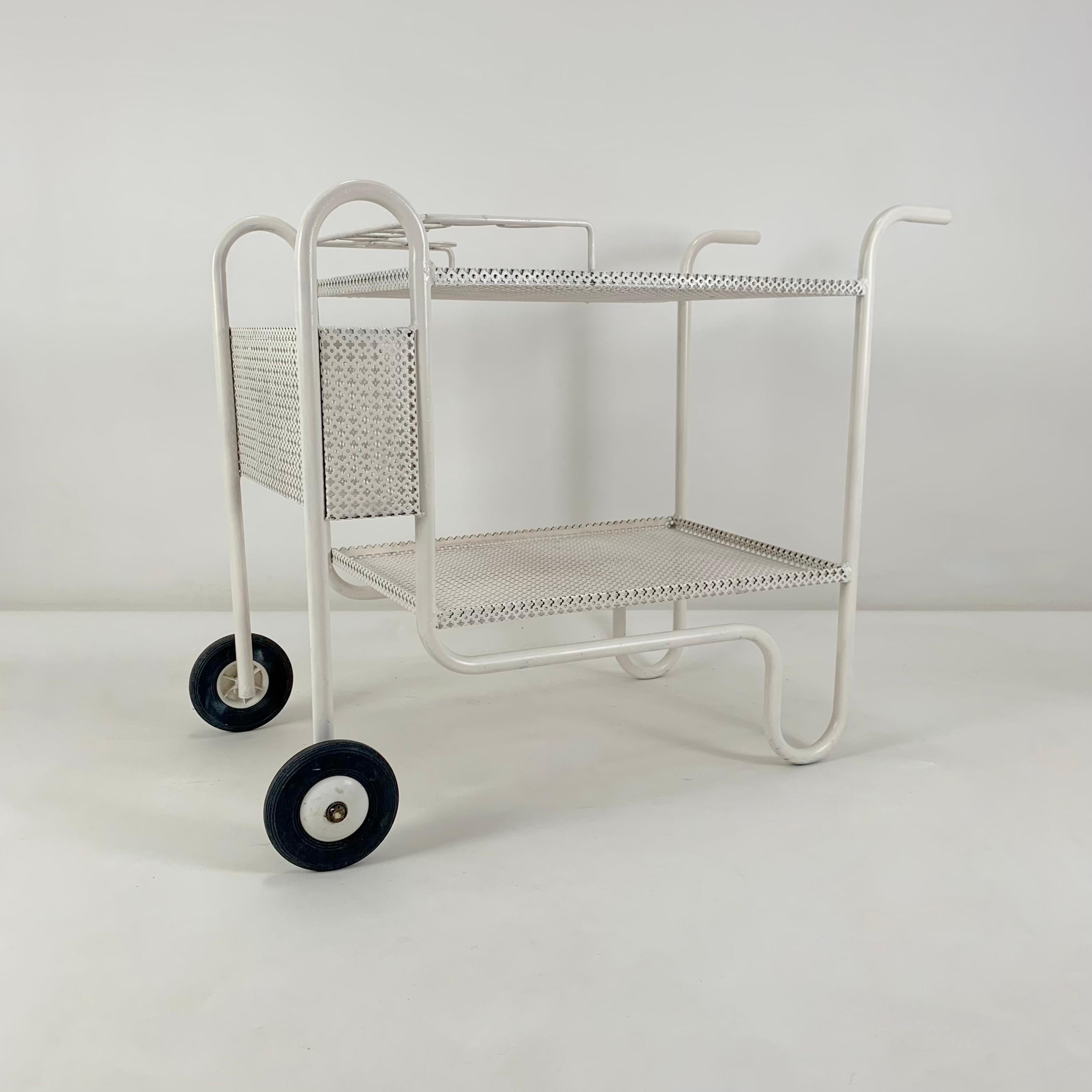 Lacquered Mid-Century Decorative White Perforated Metal Bar Cart, circa 1950, France.