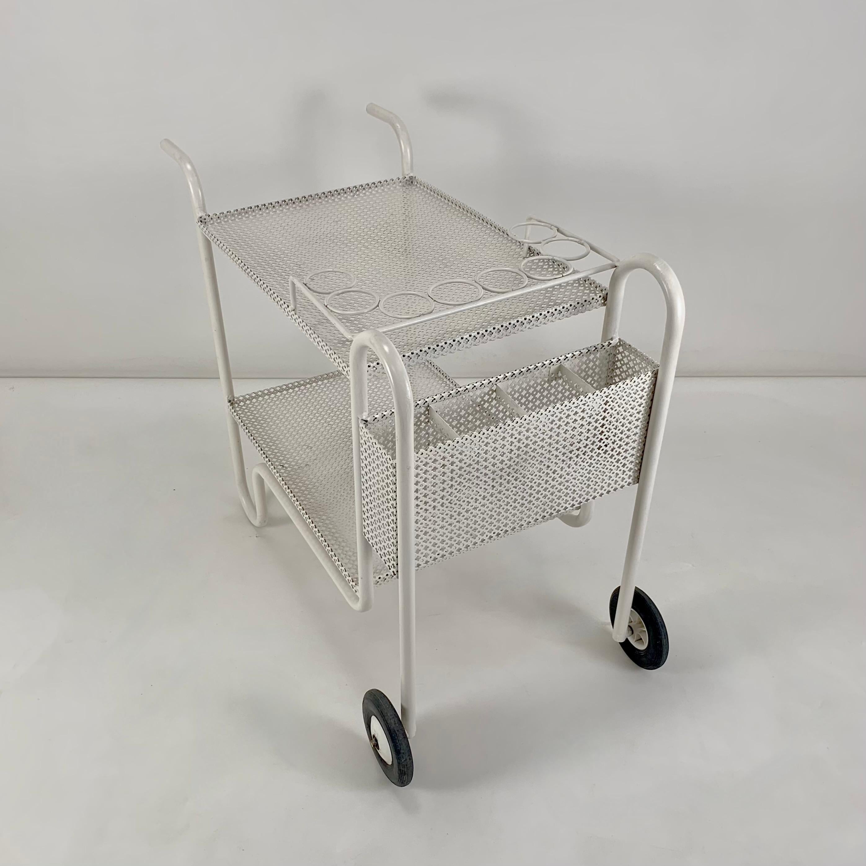 Mid-Century Decorative White Perforated Metal Bar Cart, circa 1950, France. In Good Condition In Brussels, BE