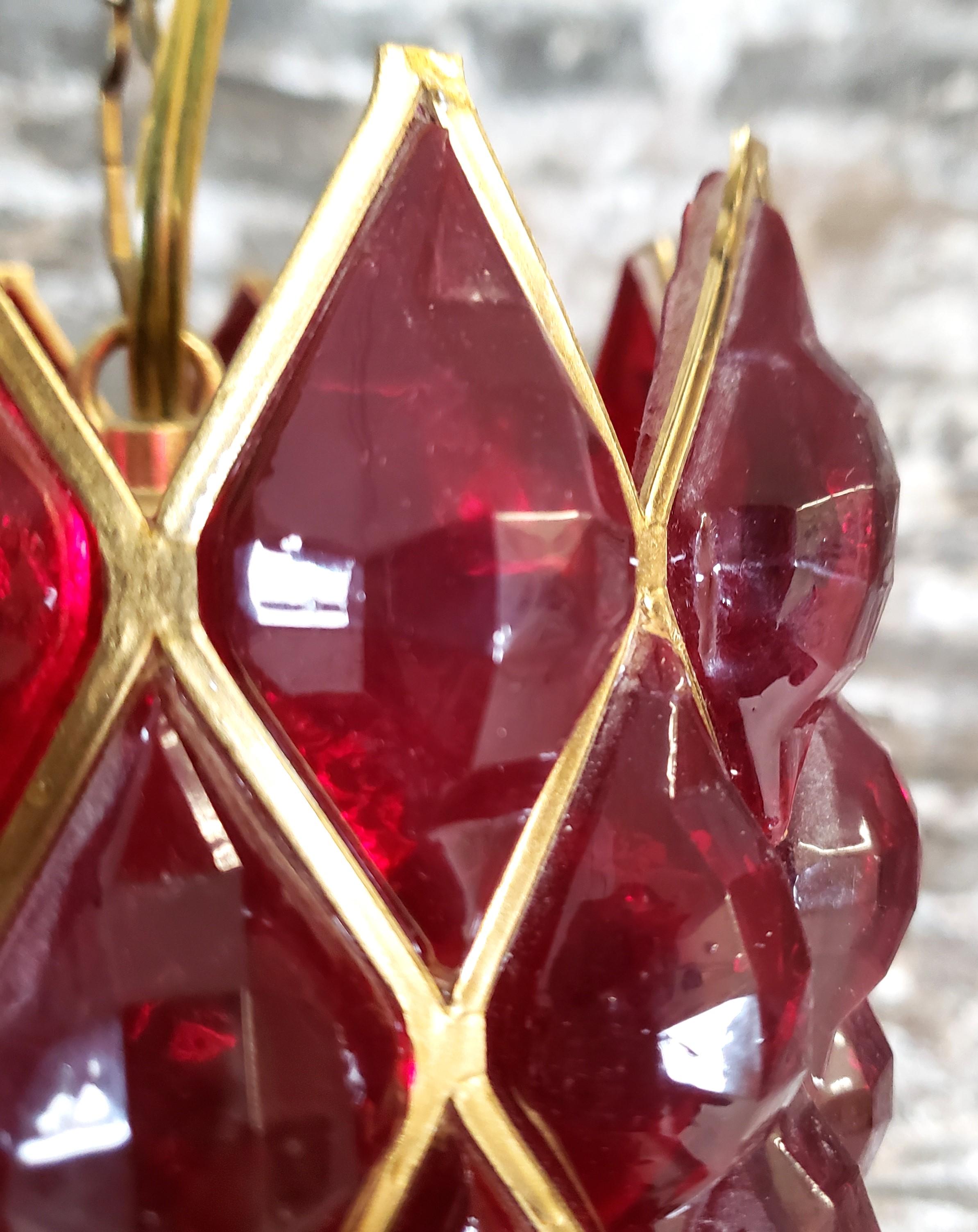 Mid-Century Deep Ruby Red Lucite & Brass Swag Hanging Light For Sale 3