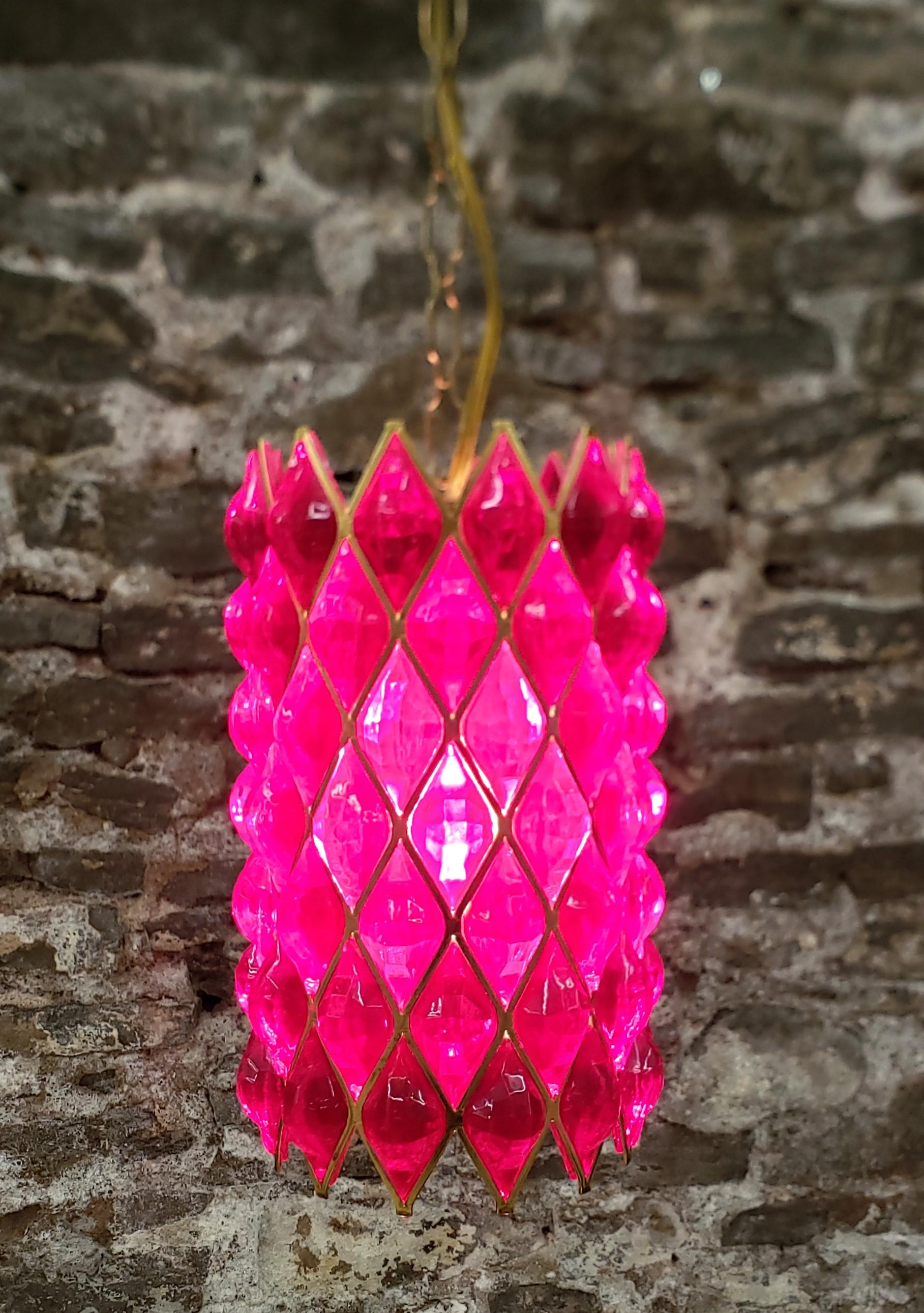 Bohemian Mid-Century Deep Ruby Red Lucite & Brass Swag Hanging Light For Sale