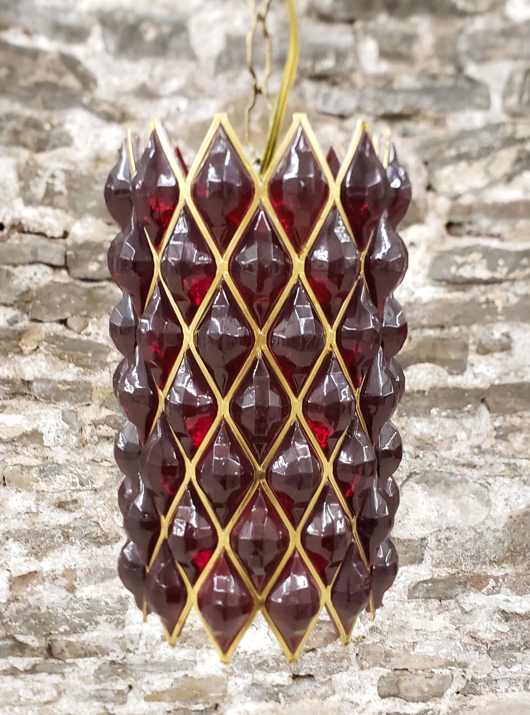American Mid-Century Deep Ruby Red Lucite & Brass Swag Hanging Light For Sale