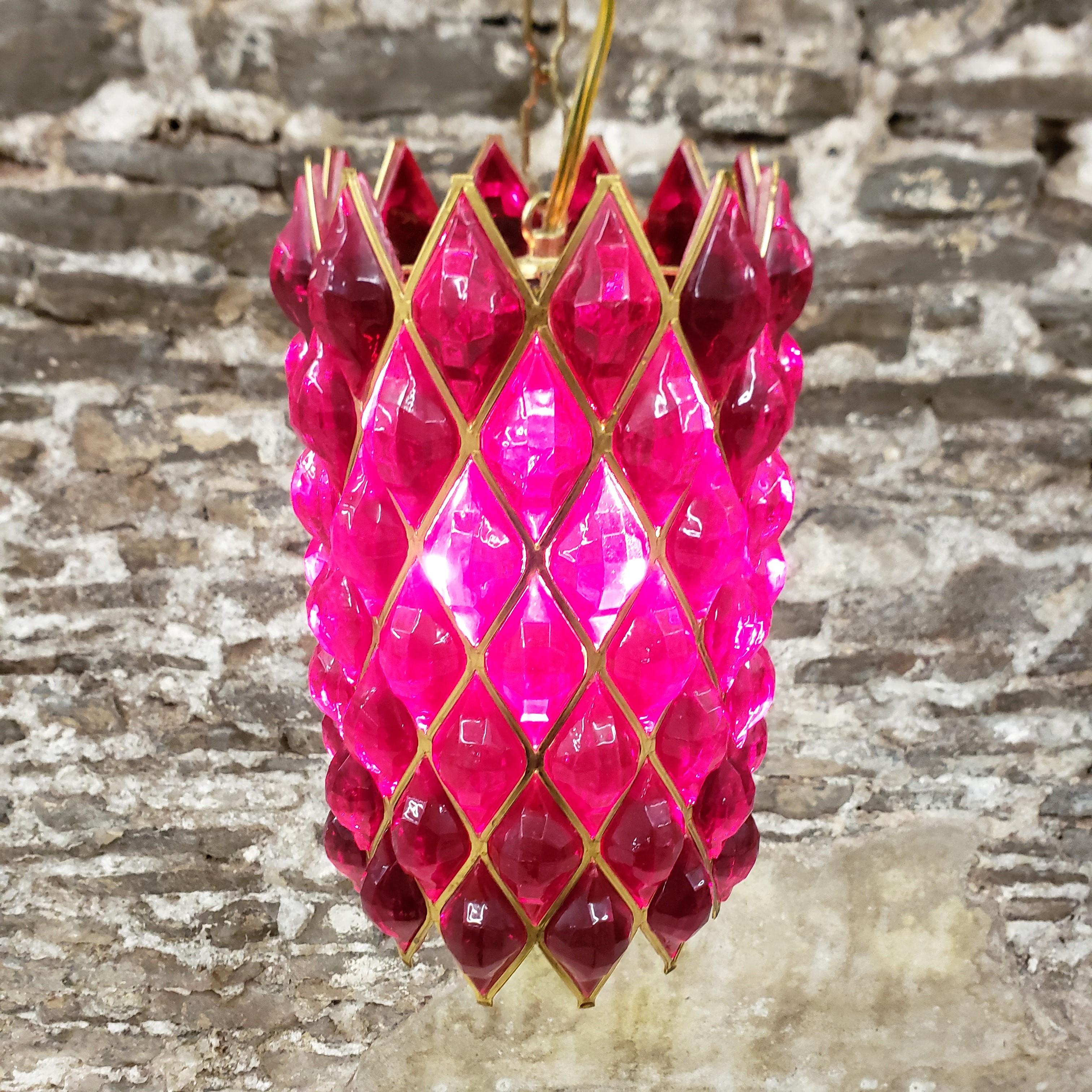Hand-Crafted Mid-Century Deep Ruby Red Lucite & Brass Swag Hanging Light For Sale