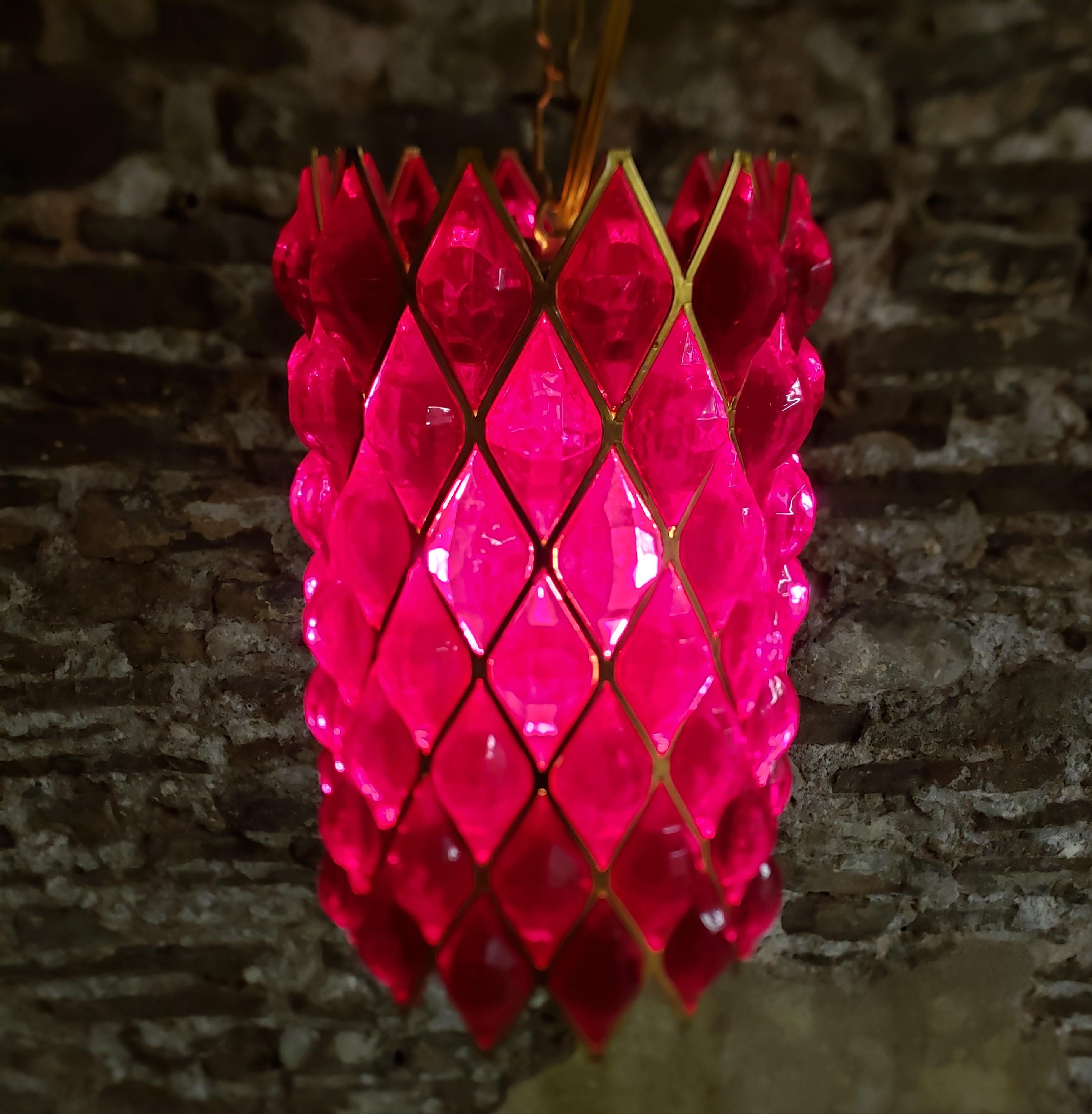 20th Century Mid-Century Deep Ruby Red Lucite & Brass Swag Hanging Light For Sale
