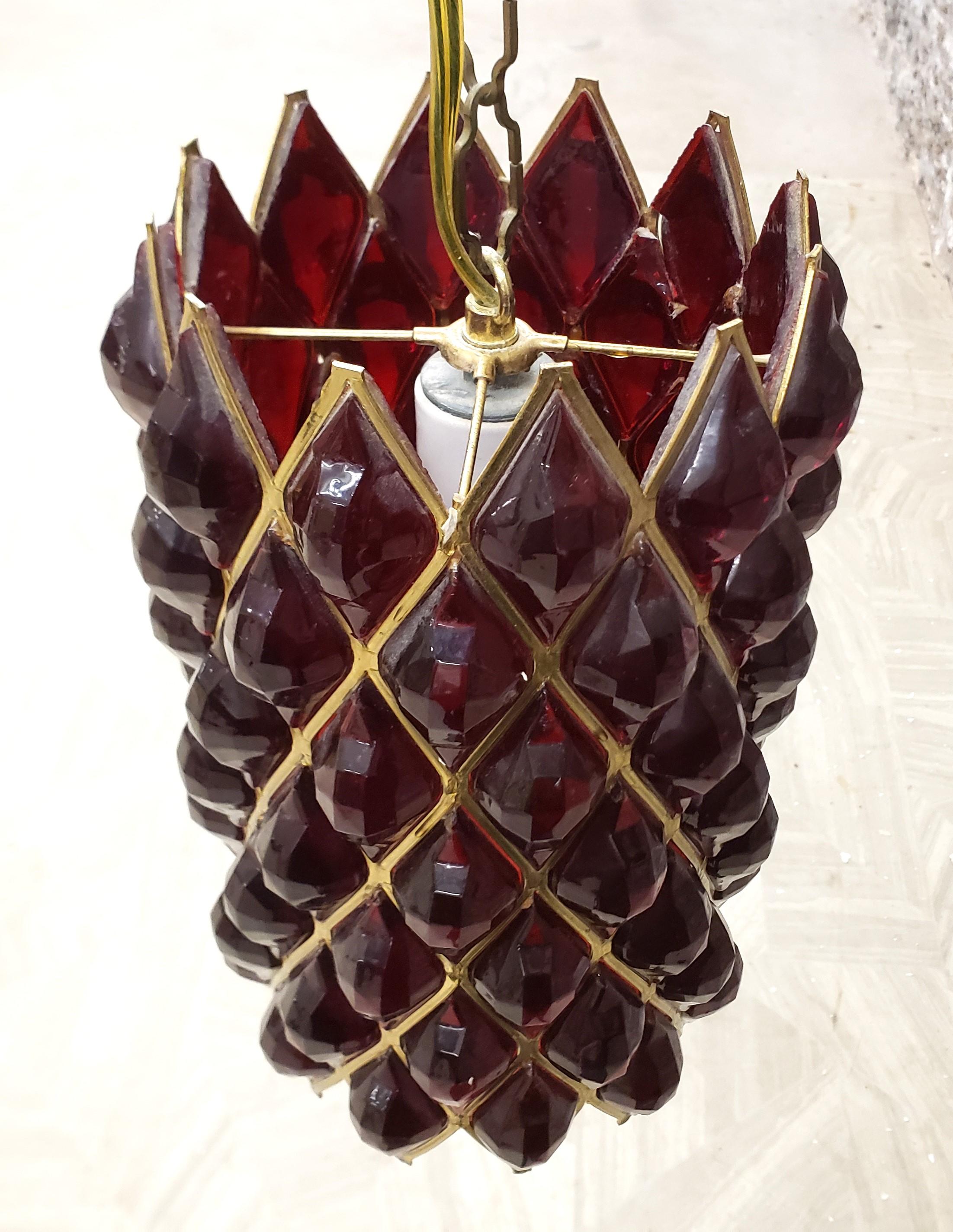 Mid-Century Deep Ruby Red Lucite & Brass Swag Hanging Light For Sale 1