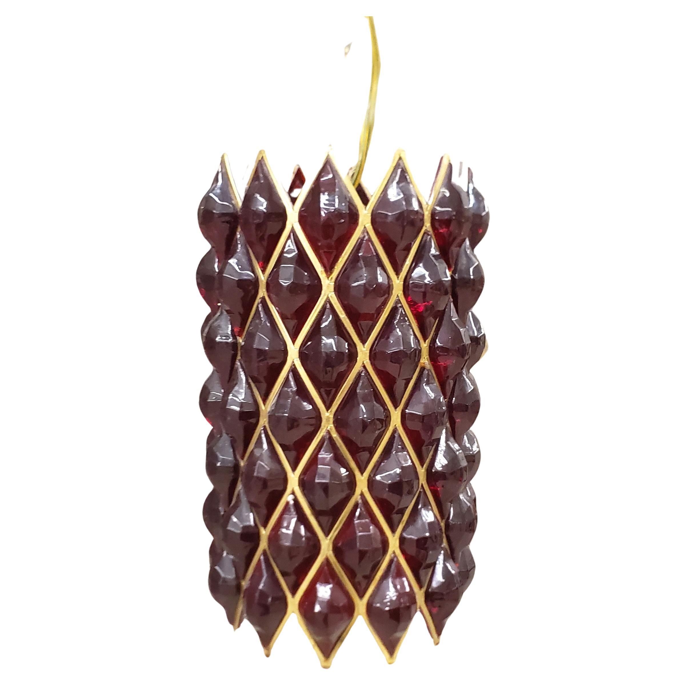 Mid-Century Deep Ruby Red Lucite & Brass Swag Hanging Light For Sale