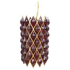 Mid-Century Deep Ruby Red Lucite & Brass Swag Hanging Light