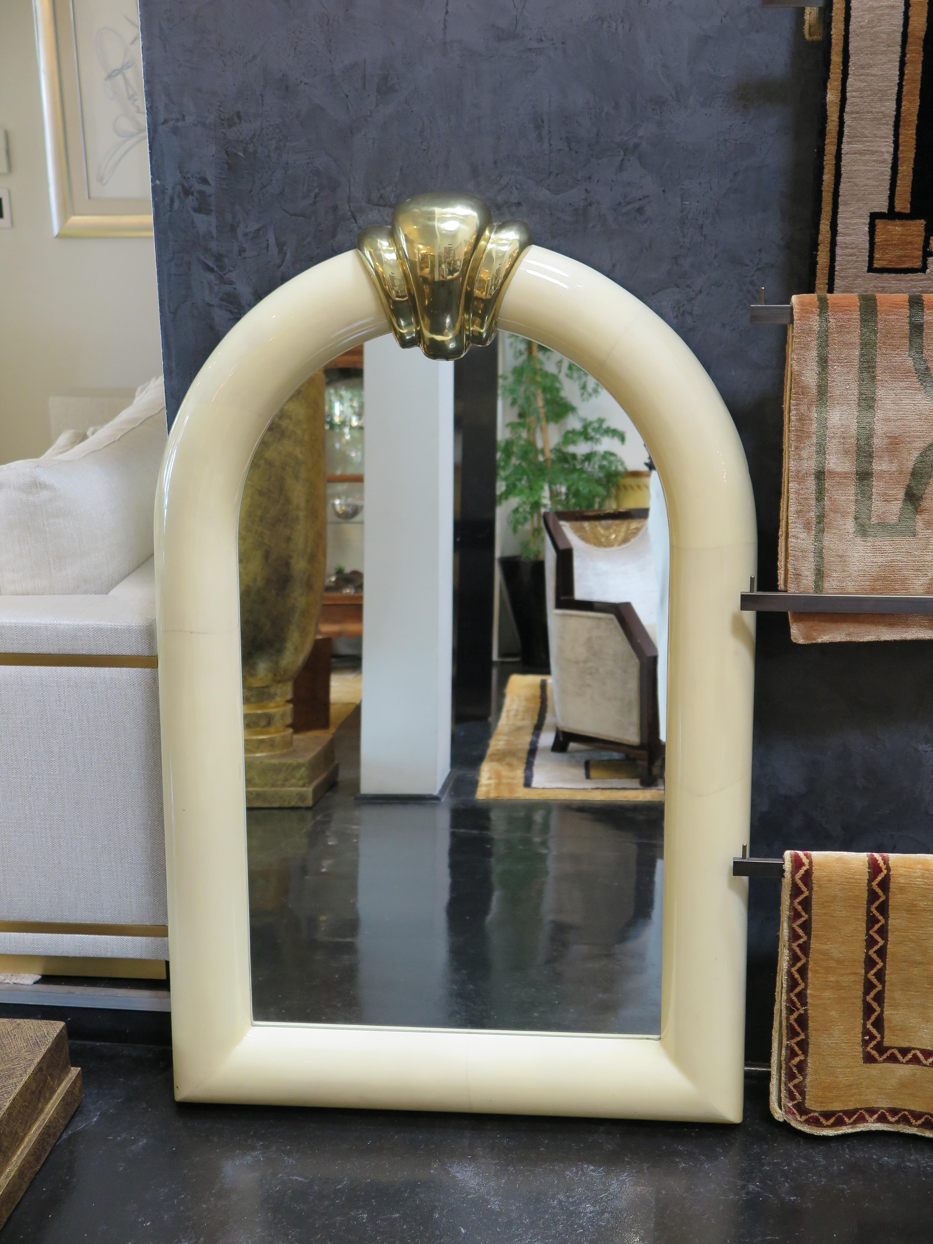 Mid-Century Demi-Lune Parchment Mirror with Brass Ornament In Good Condition For Sale In Los Angeles, CA