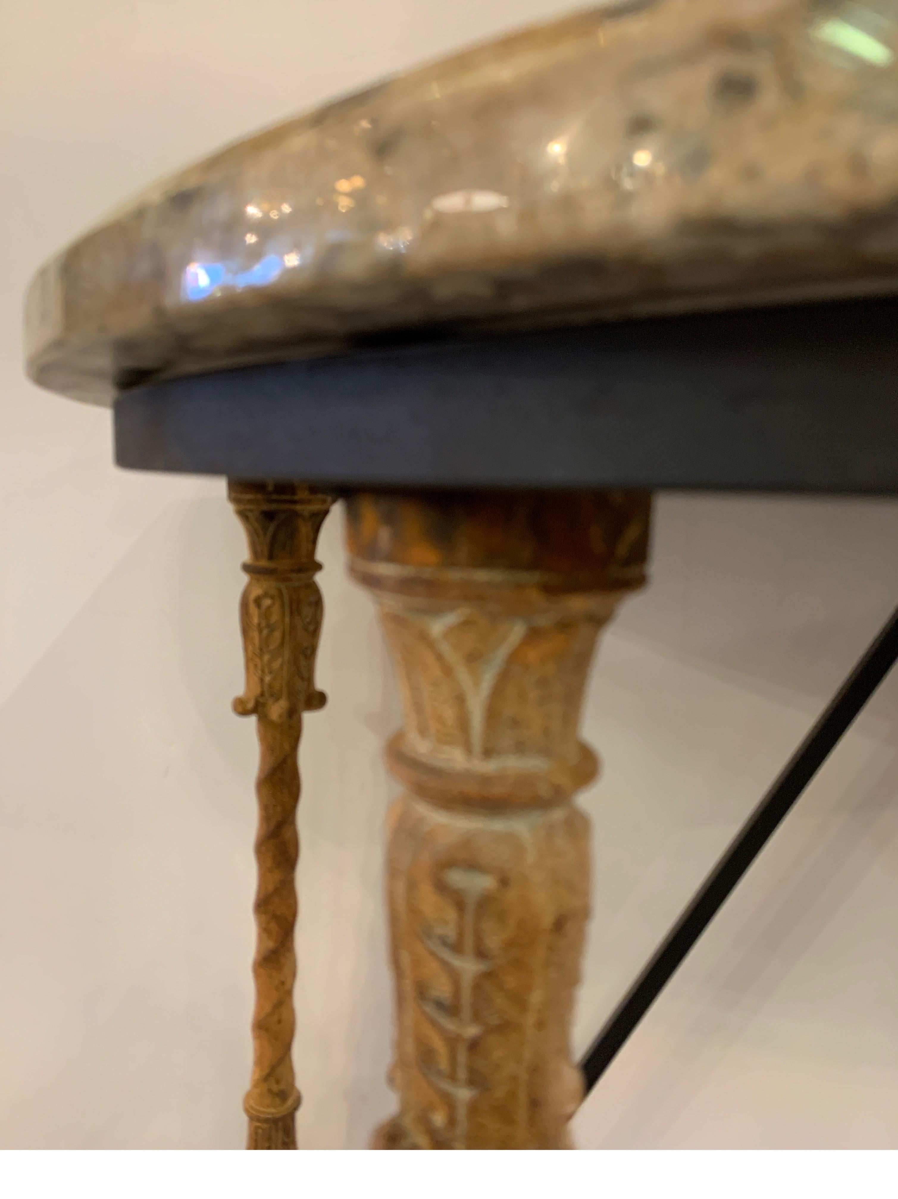 Midcentury Demilune Table with Ornate Wrought Iron Base & Italian Marble Top 5