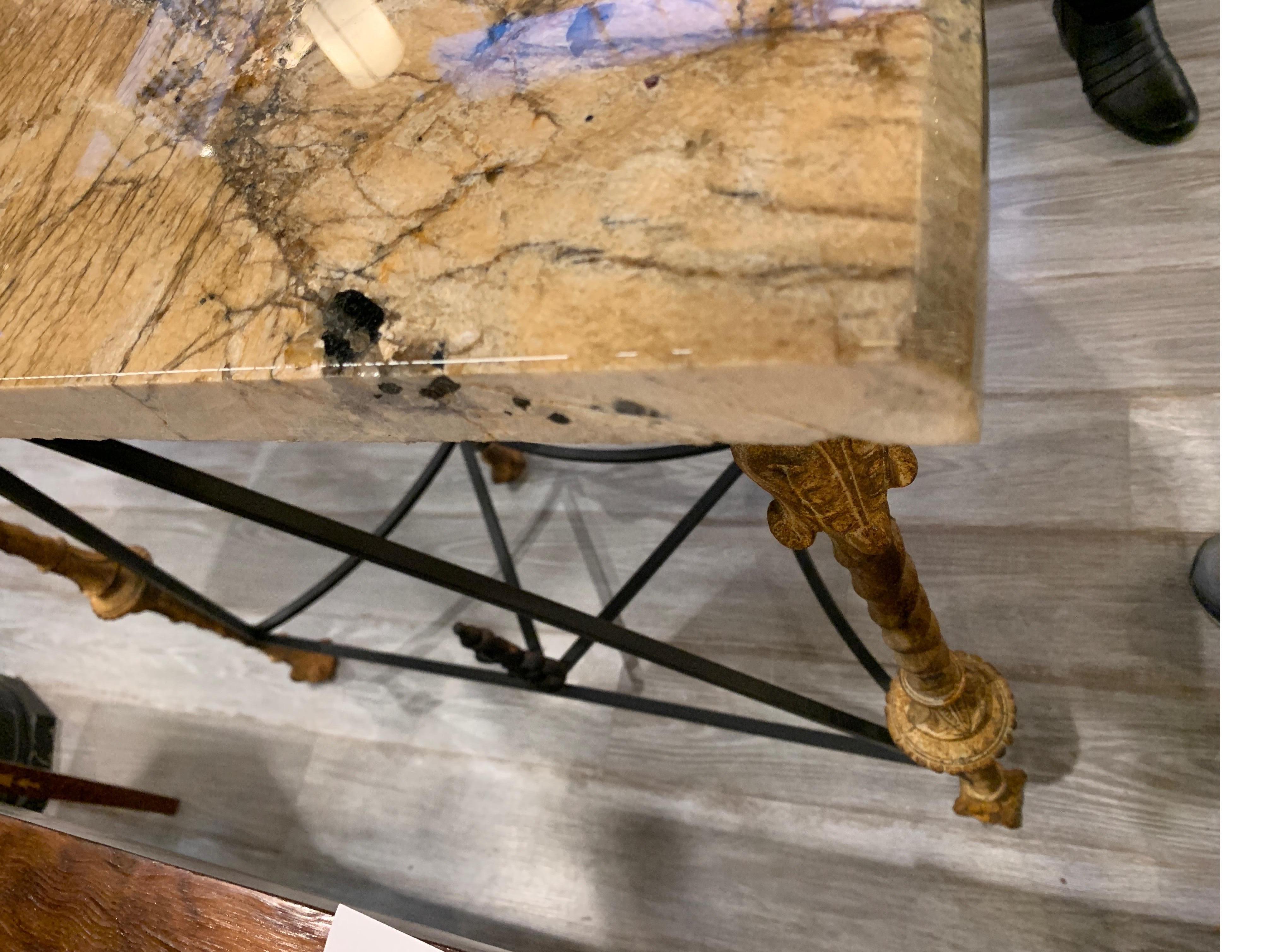 Midcentury Demilune Table with Ornate Wrought Iron Base & Italian Marble Top 12