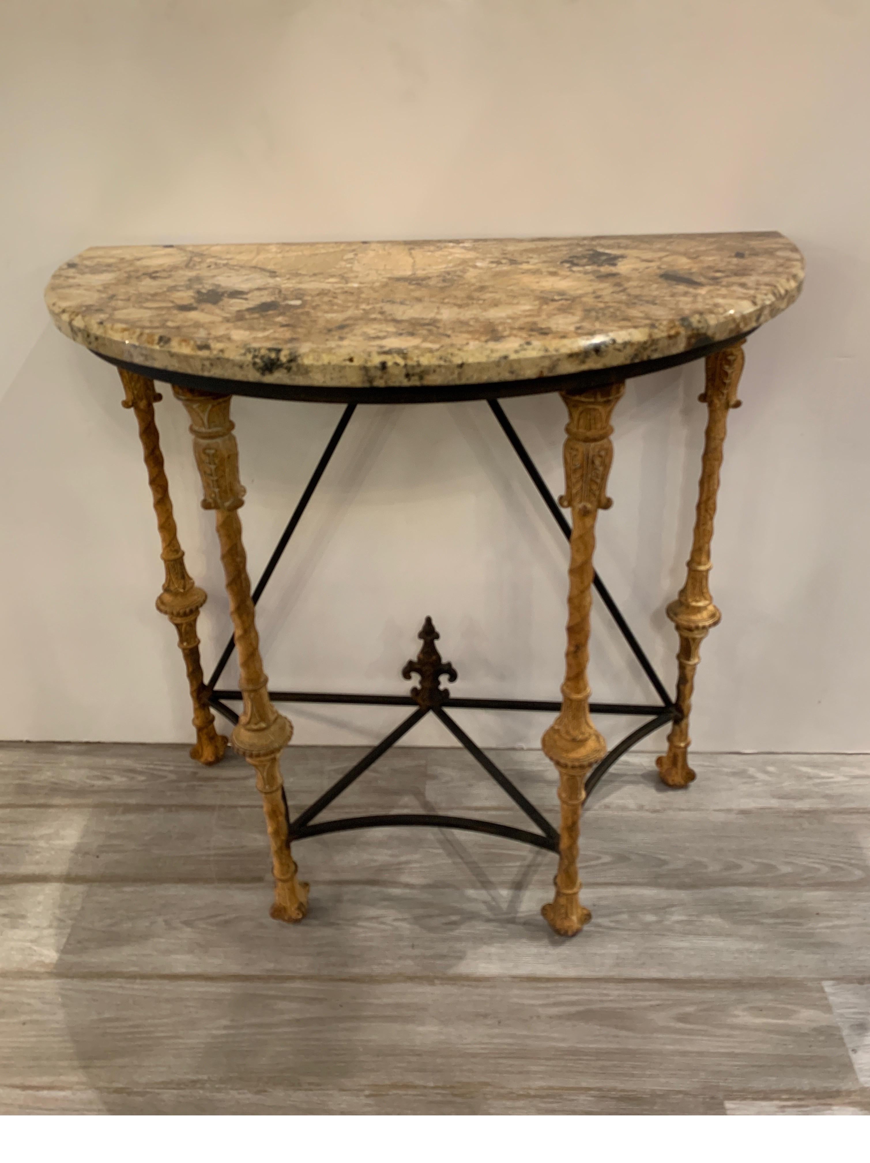 Midcentury demilune table with ornate wrought iron base & Italian marble top
High quality with a faux rust/distressed iron base
Dimensions: 38