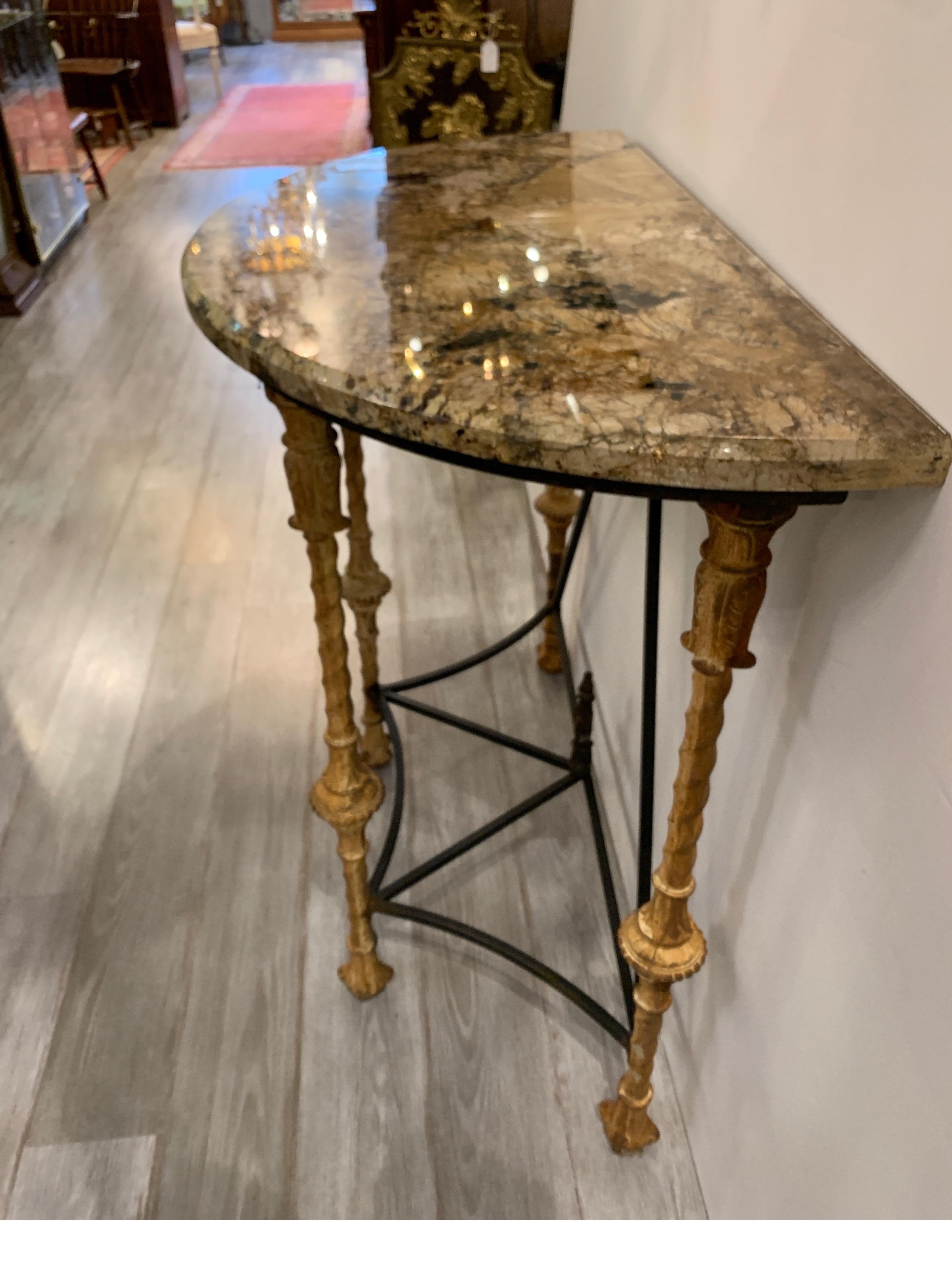 European Midcentury Demilune Table with Ornate Wrought Iron Base & Italian Marble Top