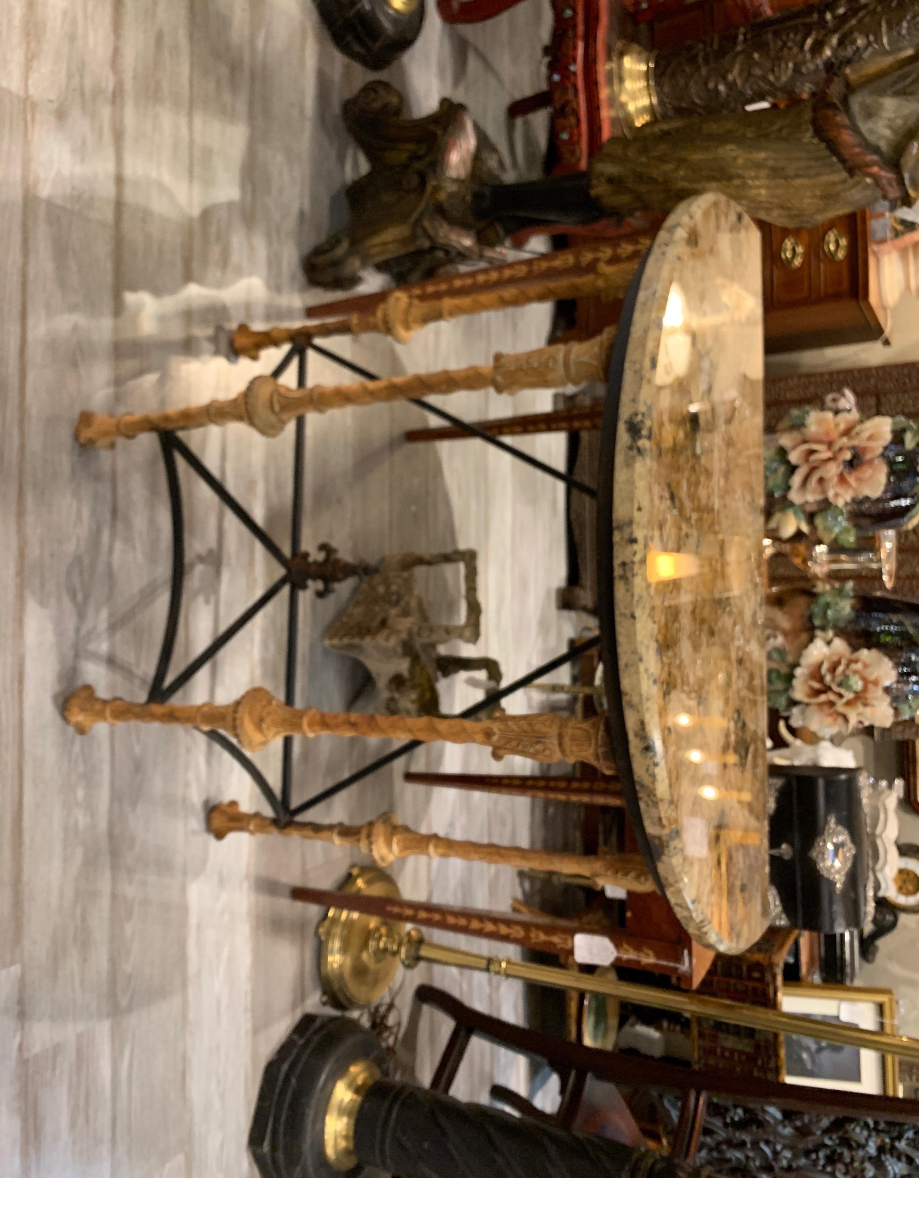 Midcentury Demilune Table with Ornate Wrought Iron Base & Italian Marble Top In Good Condition In Lambertville, NJ