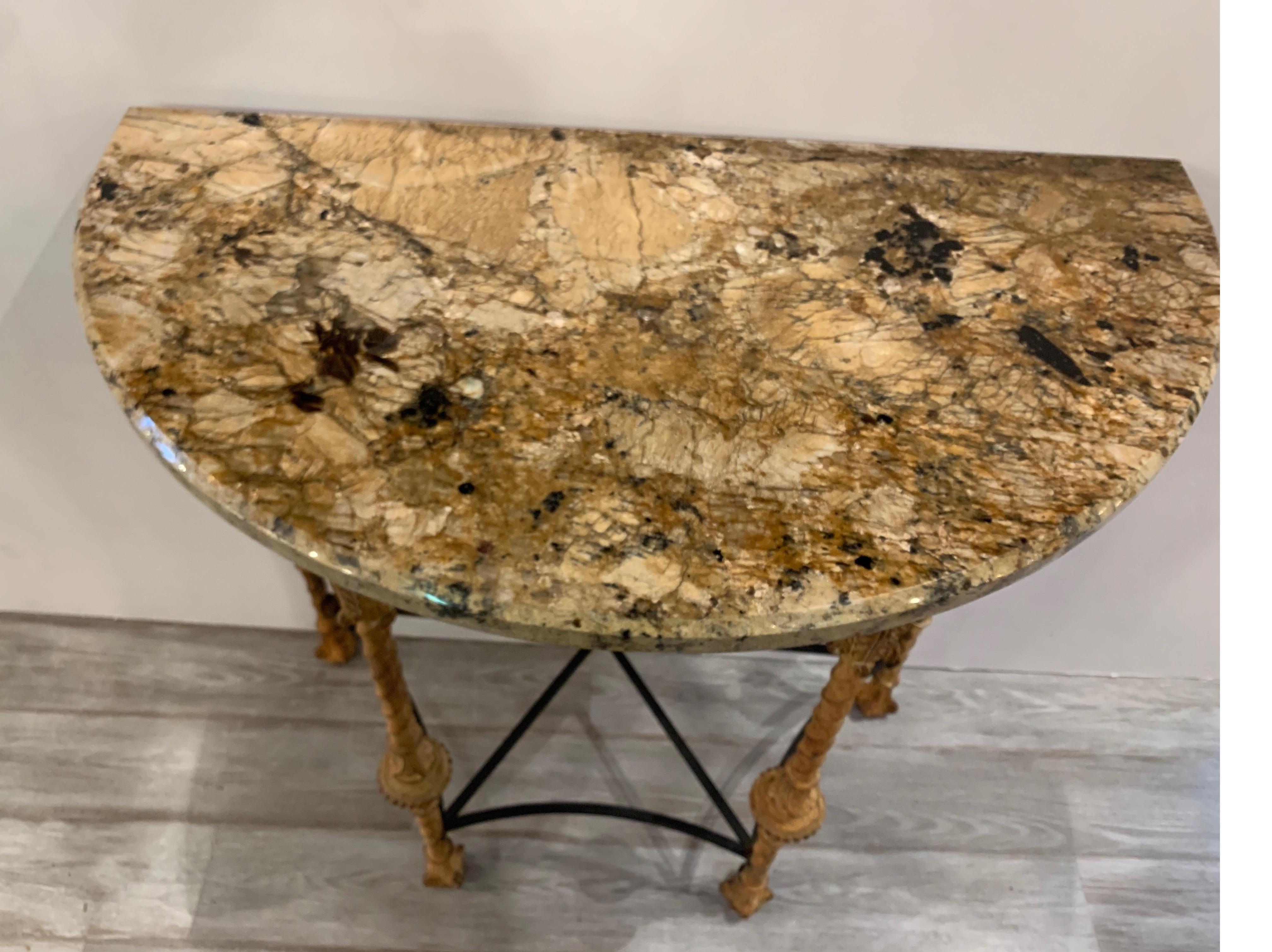 20th Century Midcentury Demilune Table with Ornate Wrought Iron Base & Italian Marble Top