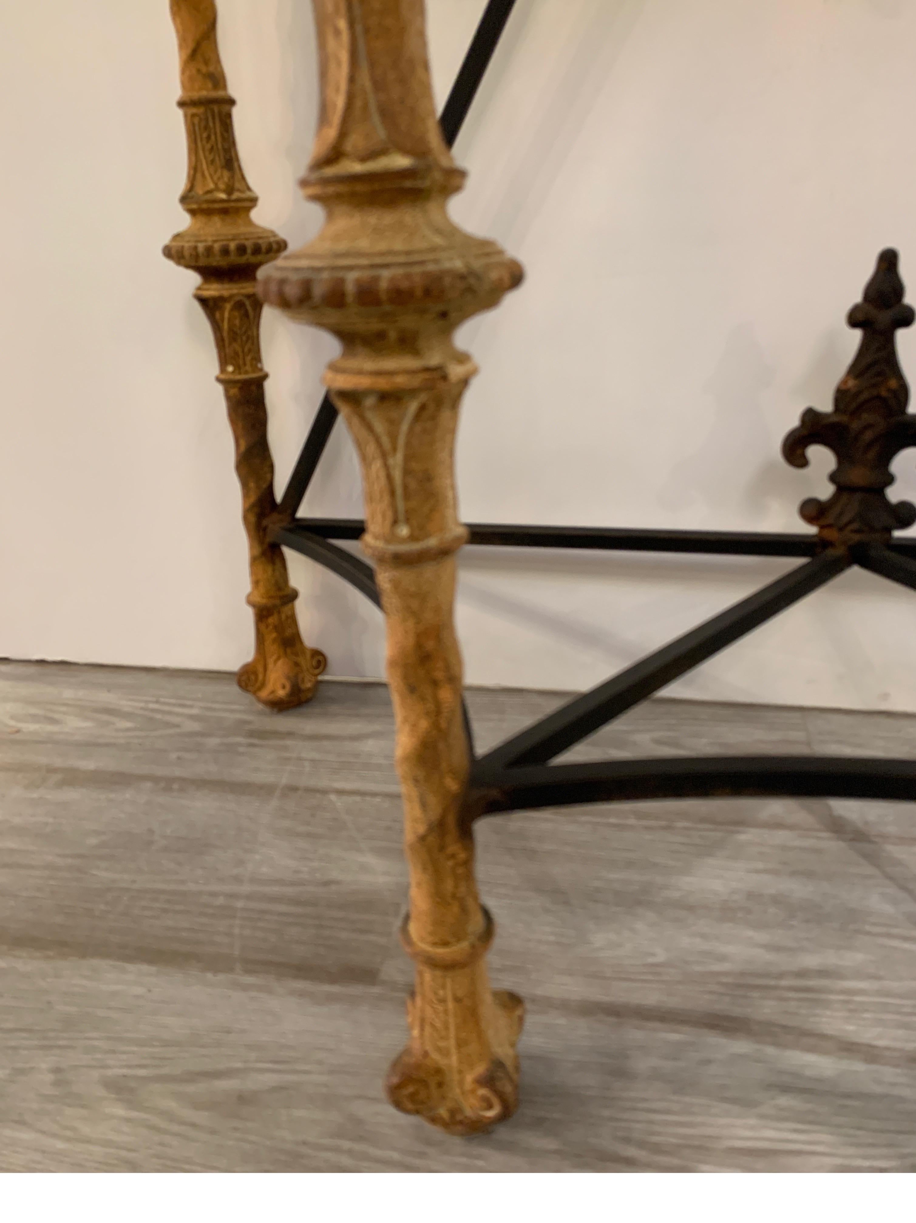 Midcentury Demilune Table with Ornate Wrought Iron Base & Italian Marble Top 1