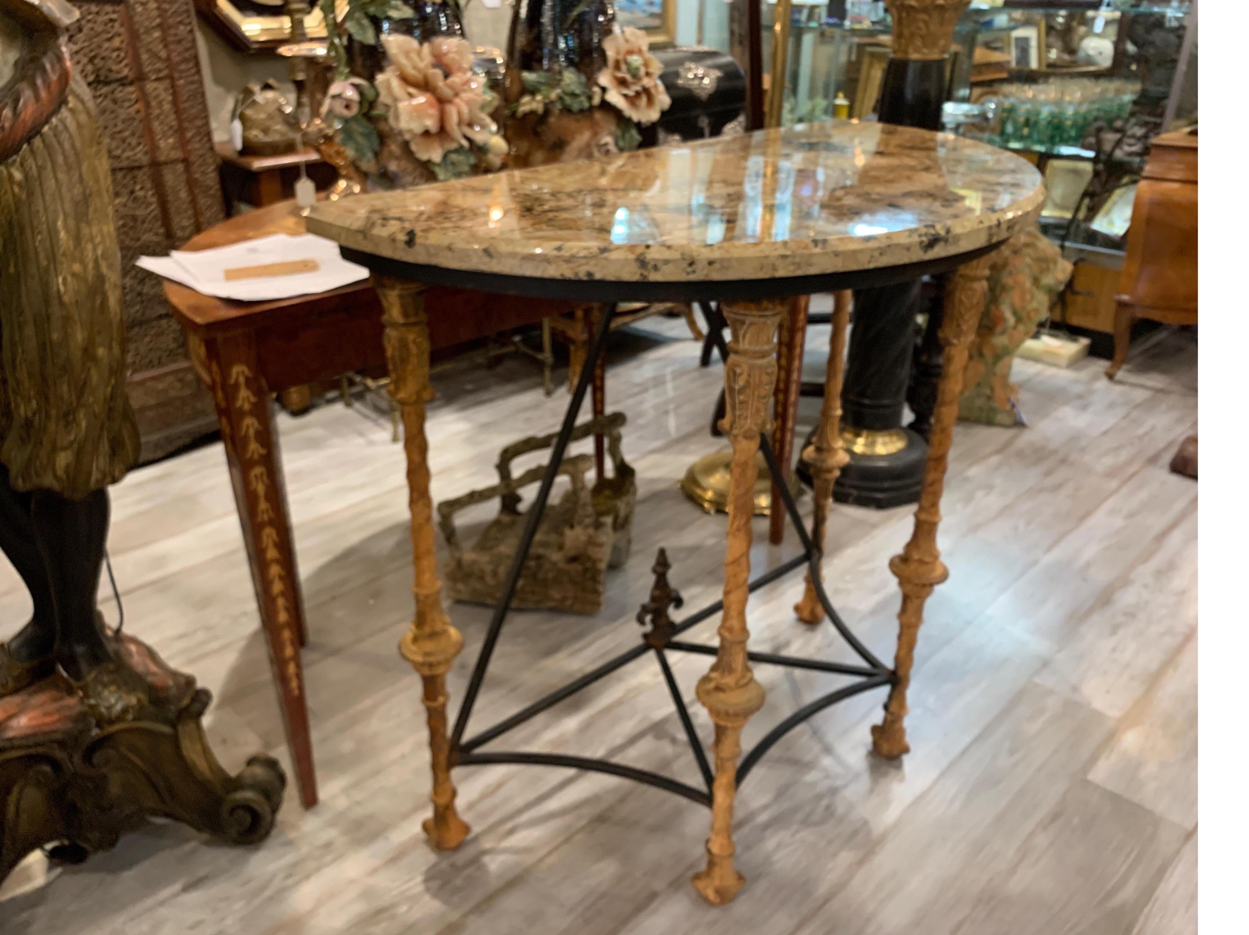 Midcentury Demilune Table with Ornate Wrought Iron Base & Italian Marble Top 2
