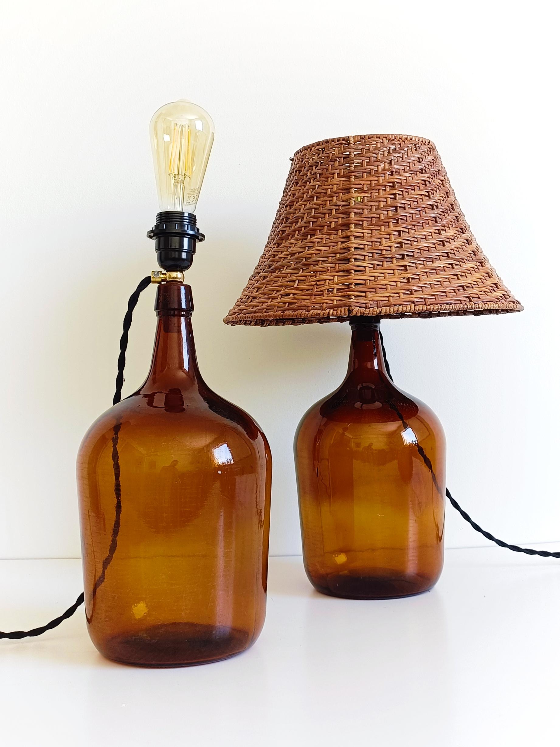 Mid Century Demijohn and Wicker Pair of Table Lamps, 1950s 5
