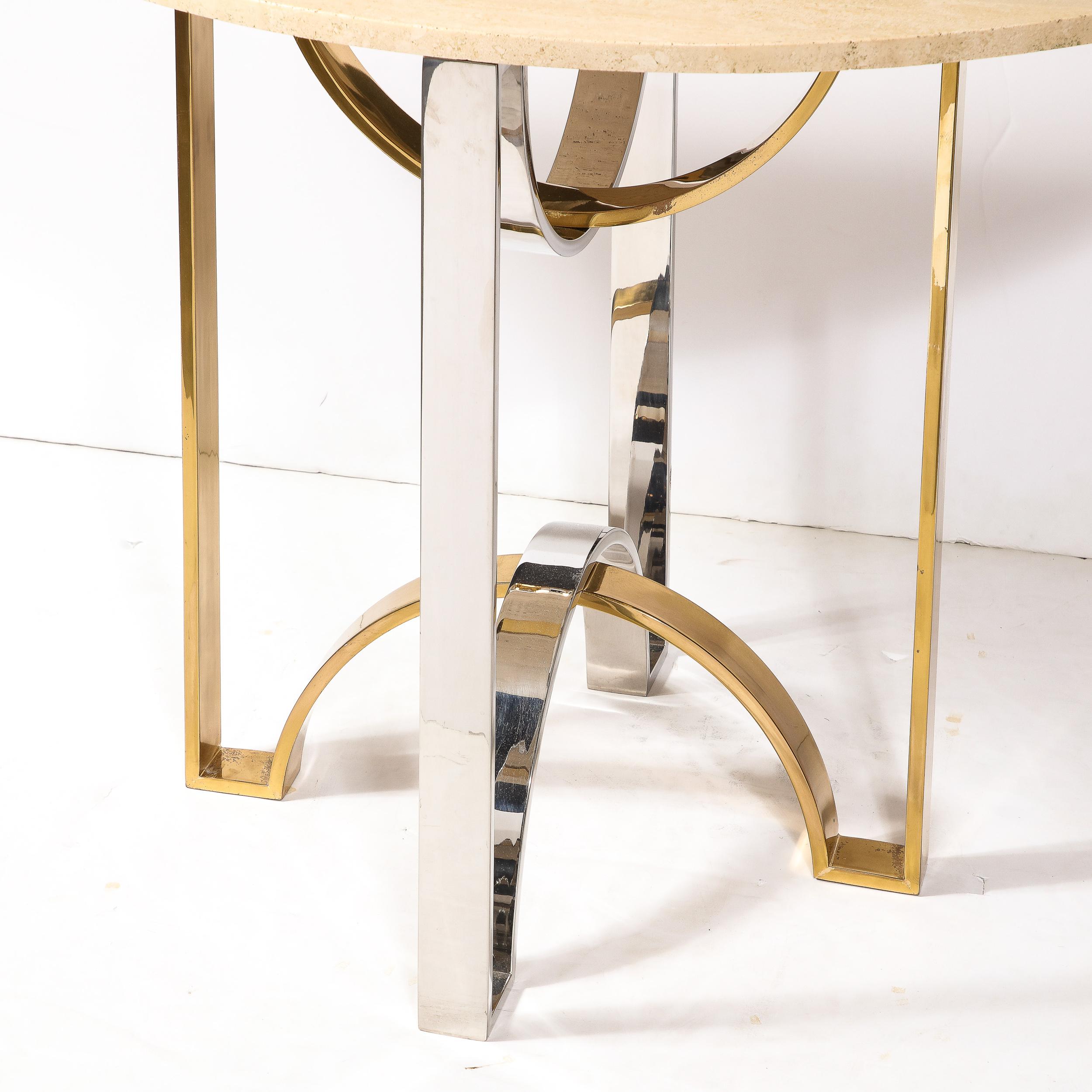 Mid-Century Modern Mid-Century Demilune Travertine Marble Top w/ Brass & Chrome Base Console Table For Sale