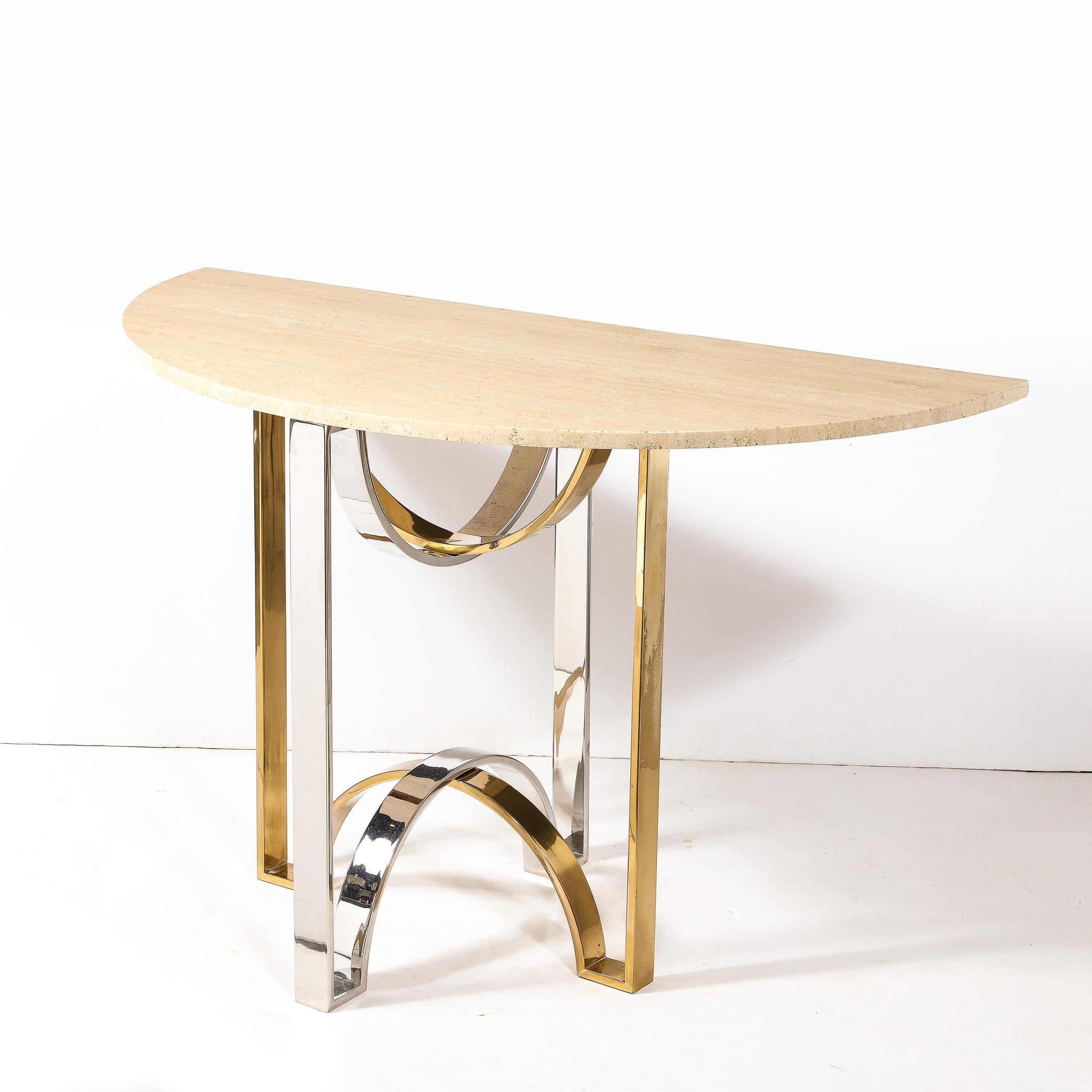 Mid-Century Demilune Travertine Marble Top w/ Brass & Chrome Base Console Table In Excellent Condition For Sale In New York, NY