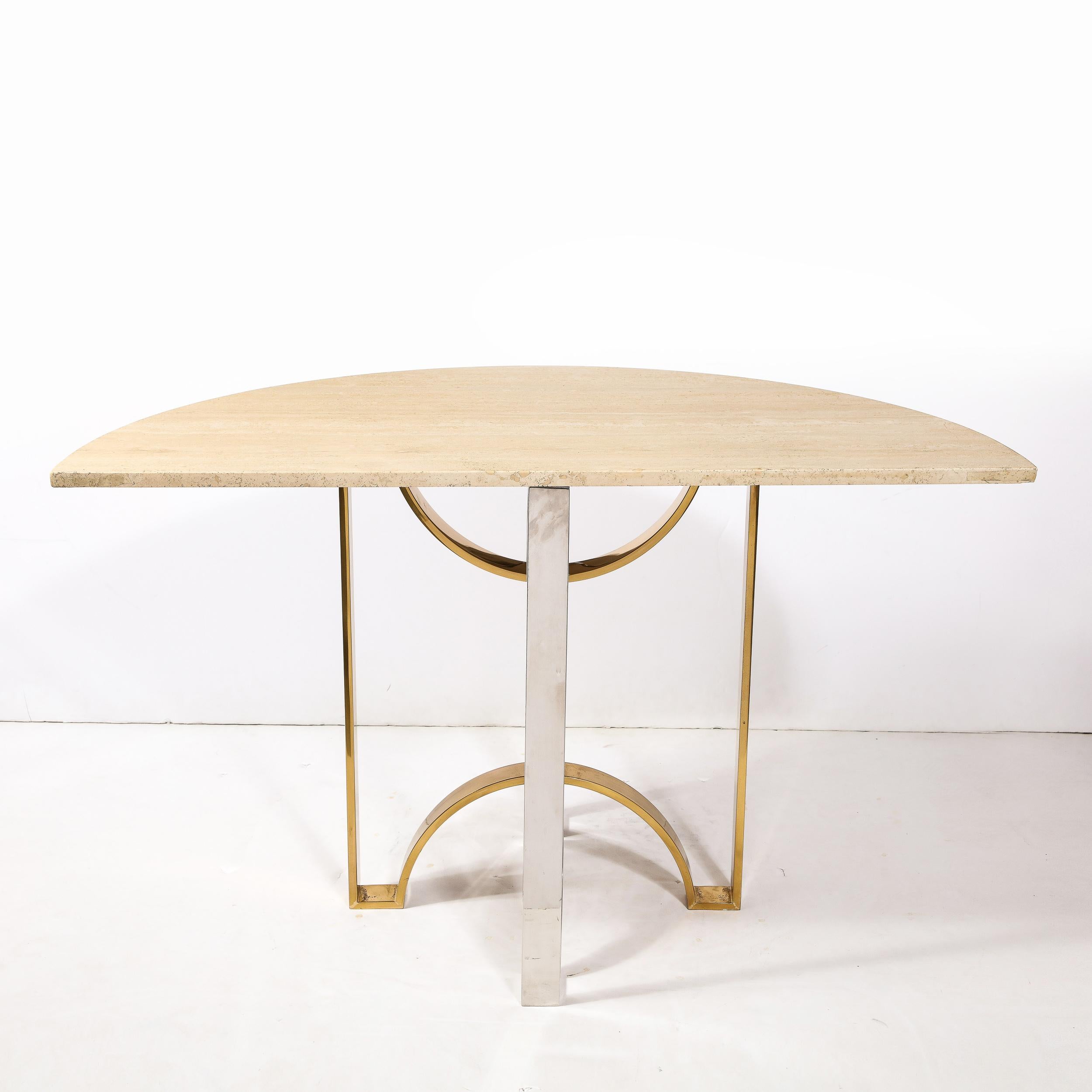 Mid-Century Demilune Travertine Marble Top w/ Brass & Chrome Base Console Table For Sale 2