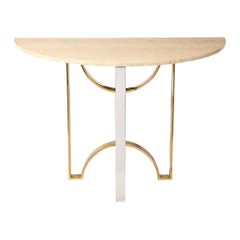Mid-Century Demilune Travertine Marble Top w/ Brass & Chrome Base Console Table