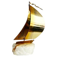 Mid-century DeMott Brass and Quartz Sailboat Sculpture, Artist Signed