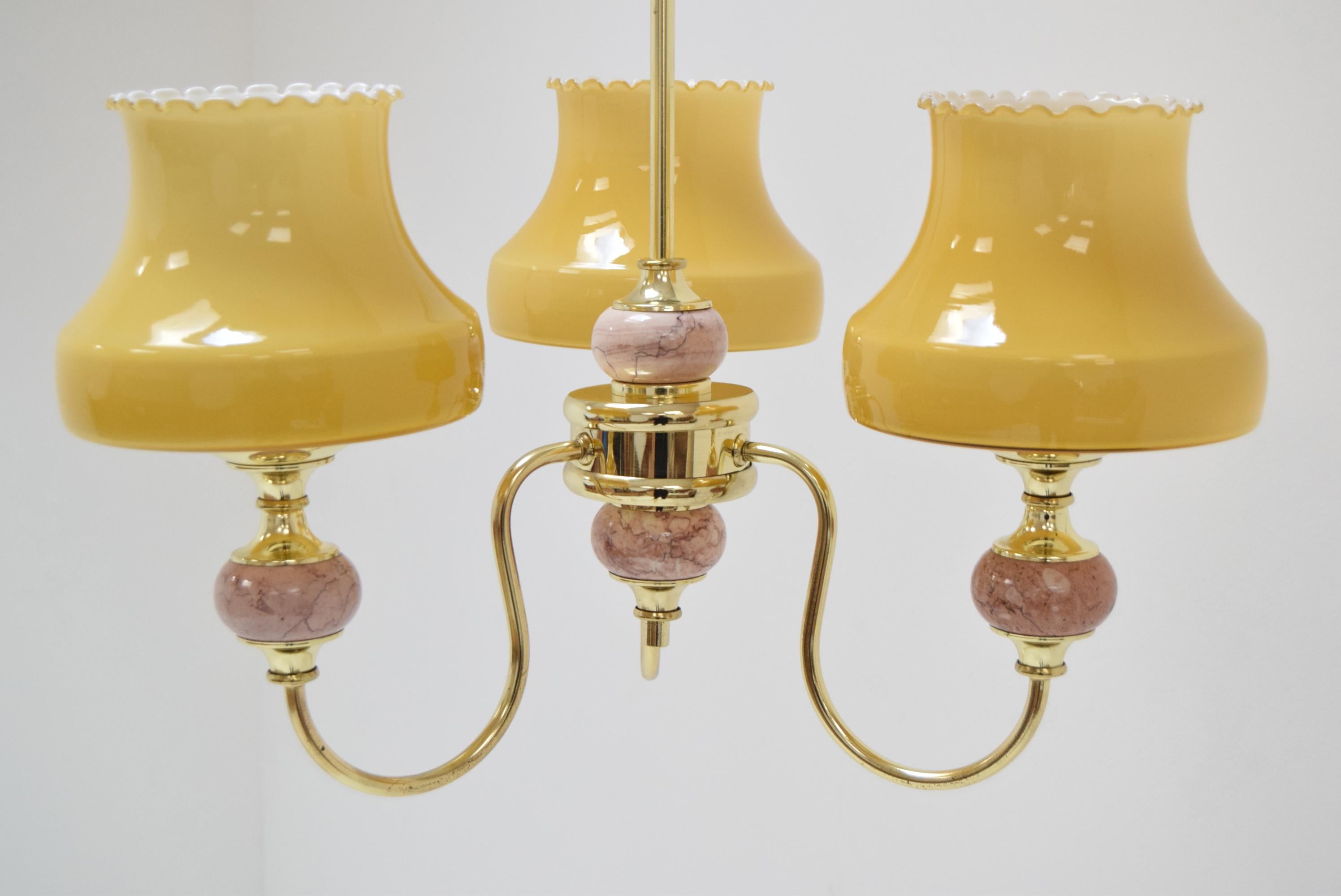 Mid-century Design Chandelier, 1960's.
Made in Germany 
Made of glass, brass, marble.
3x E27 or E26 bulb
With aged patina
Re-polished
Fully functional
Good Original condition
US wiring compatible.