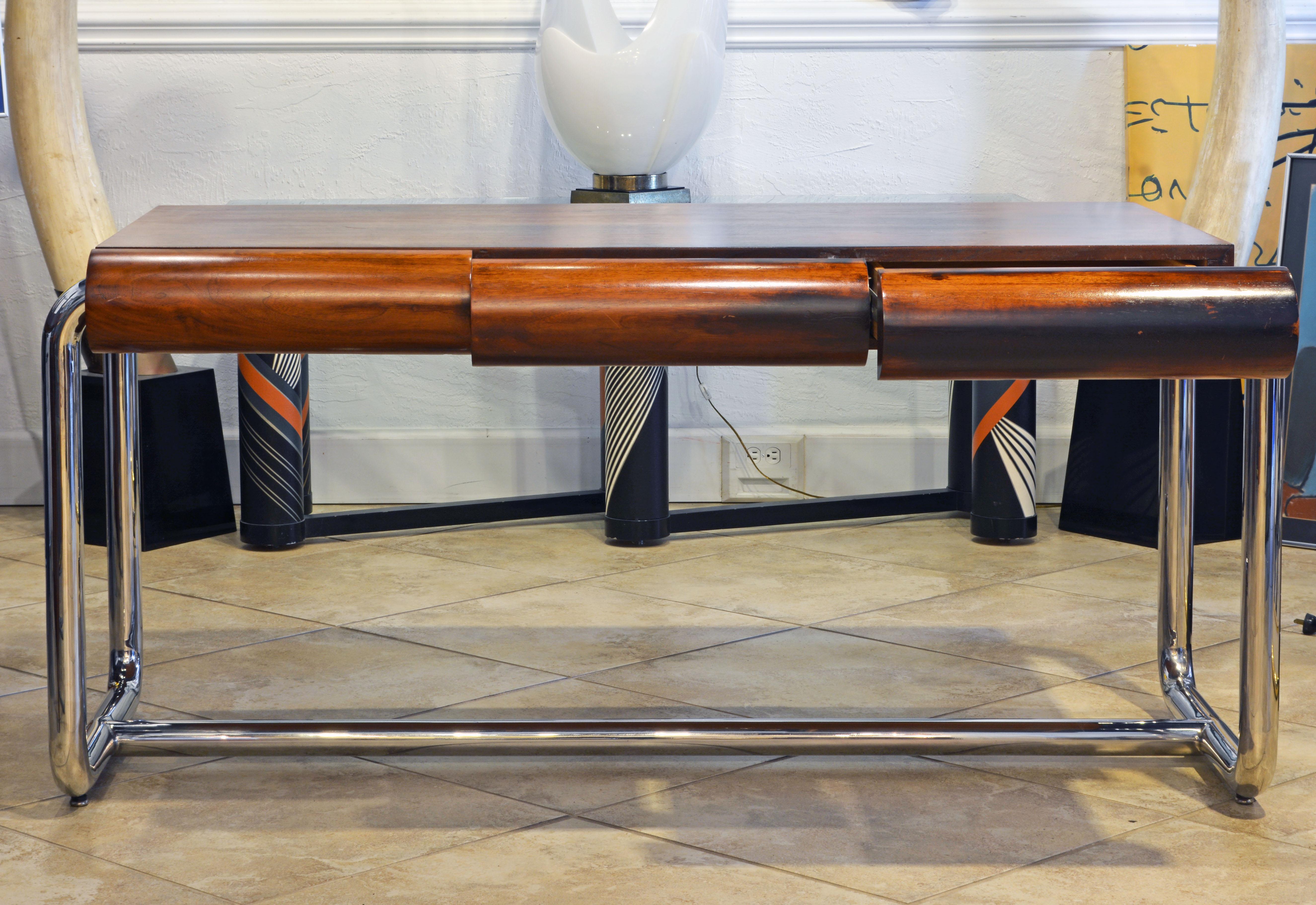Mid-Century Modern Midcentury Design Chrome and Mahogany Desk by Leon Rosen for Pace Collection