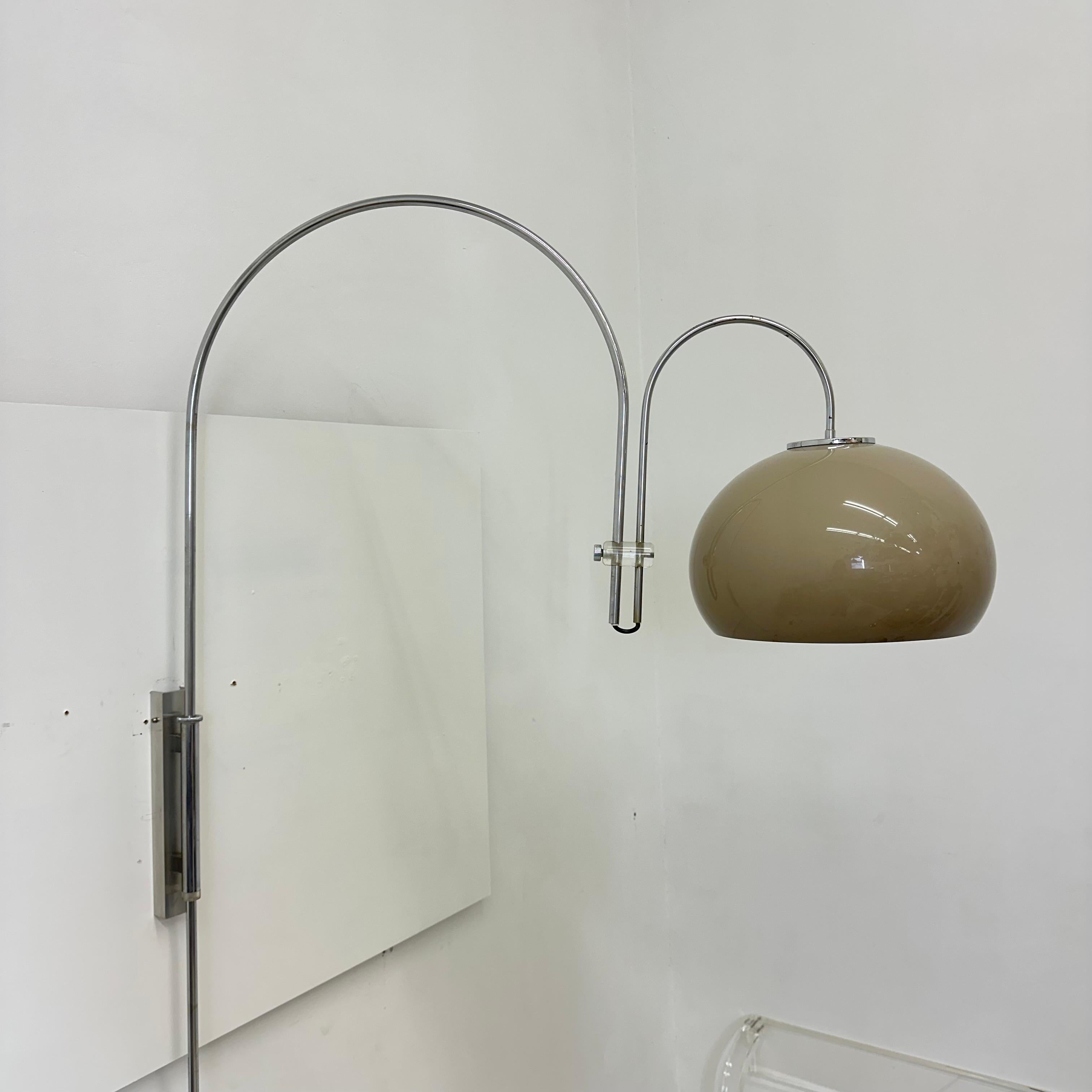 Mid century design Dijkstra mushroom arc wall lamp , 1970s

Dimensions: 85cm Height, 100cm Depth , 35cm Width
Condition: Good has some corrosion on the chrome.
Period: 1970s