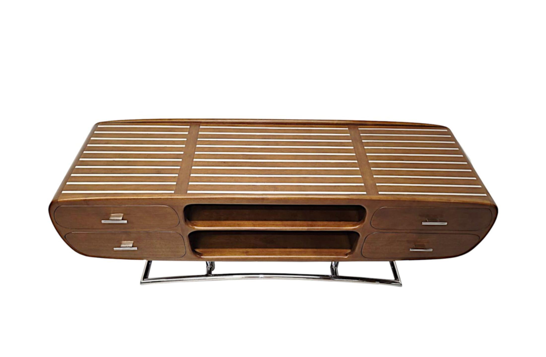 French Mid Century Design Handmade Walnut and Chrome Side or Television Cabinet For Sale
