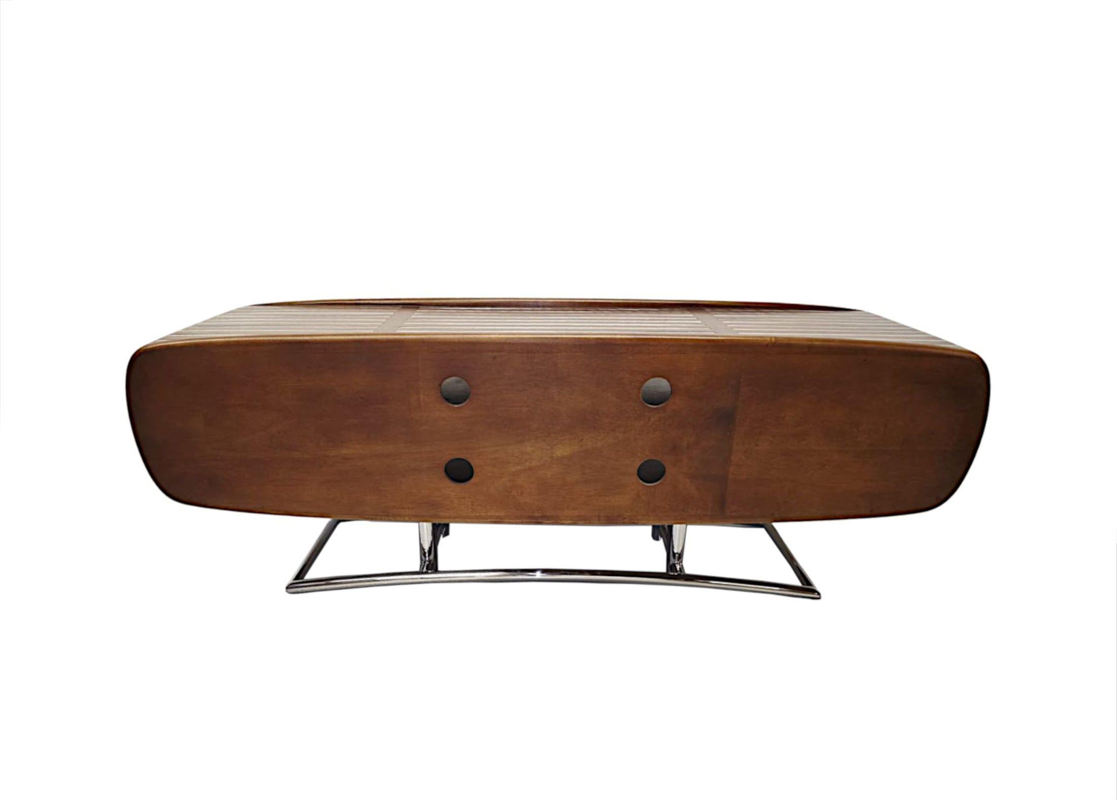 Contemporary Mid Century Design Handmade Walnut and Chrome Side or Television Cabinet For Sale