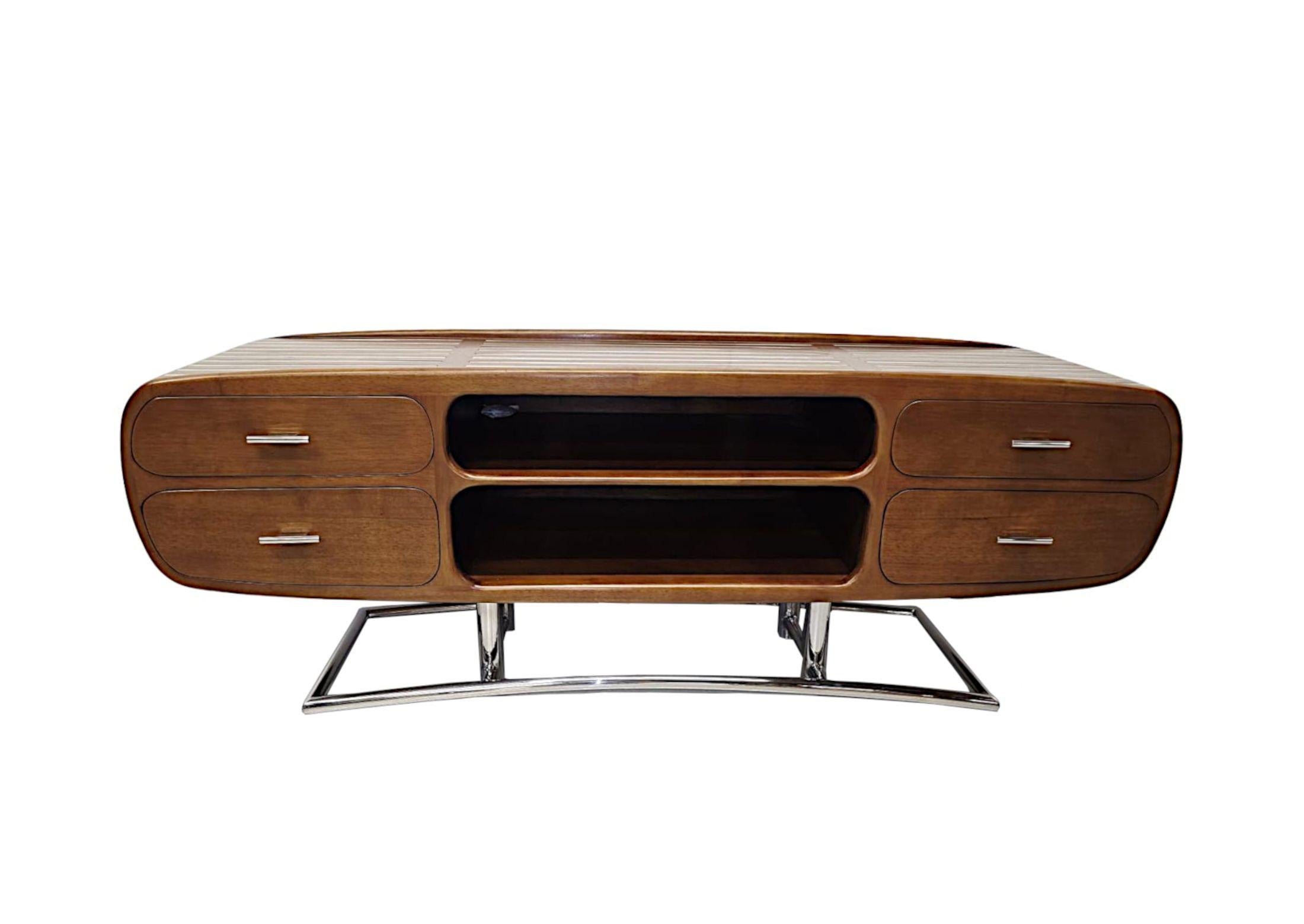 Mid Century Design Handmade Walnut and Chrome Side or Television Cabinet For Sale