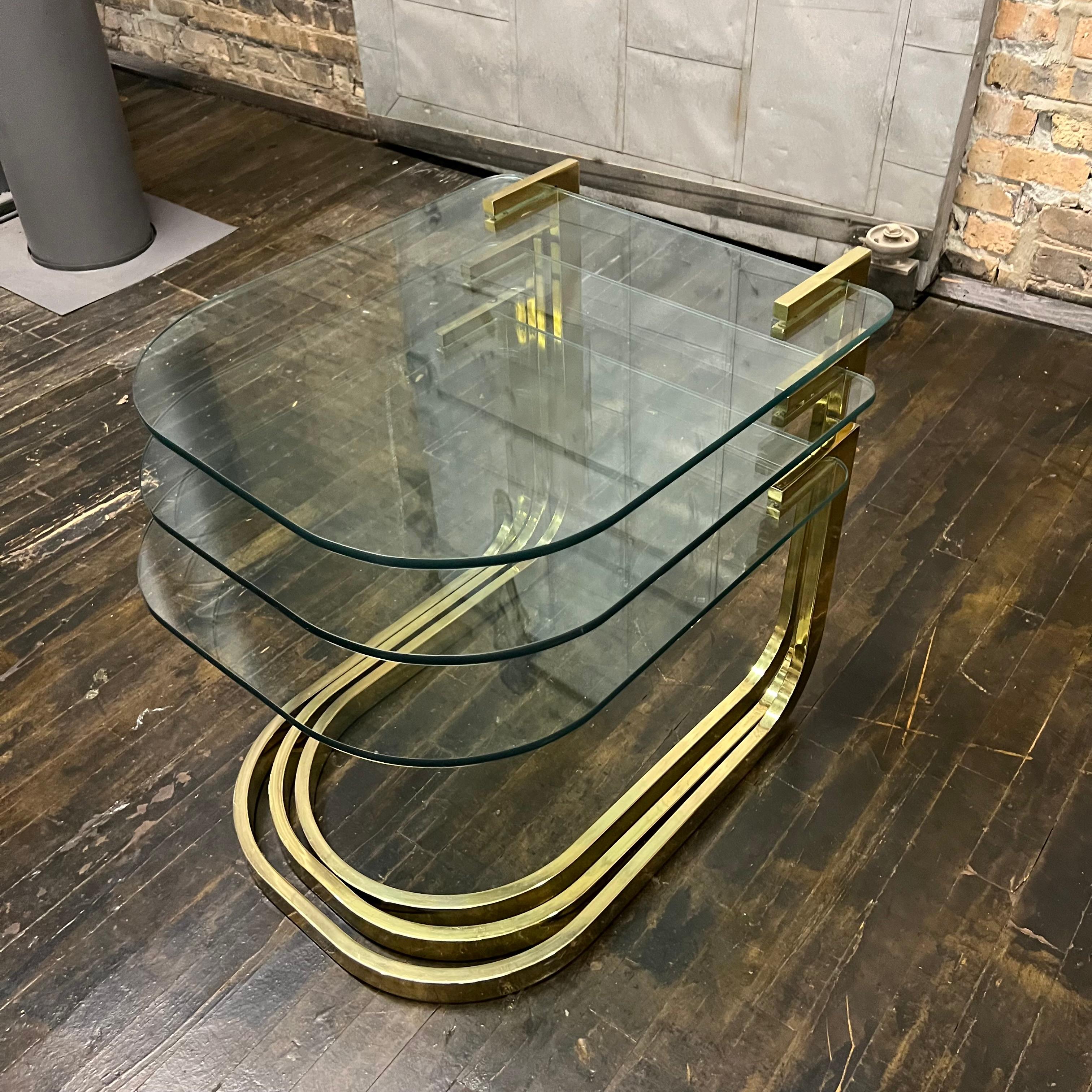 Mid-Century Modern Mid-Century Brass and Glass Nesting Tables attributed to DIA For Sale