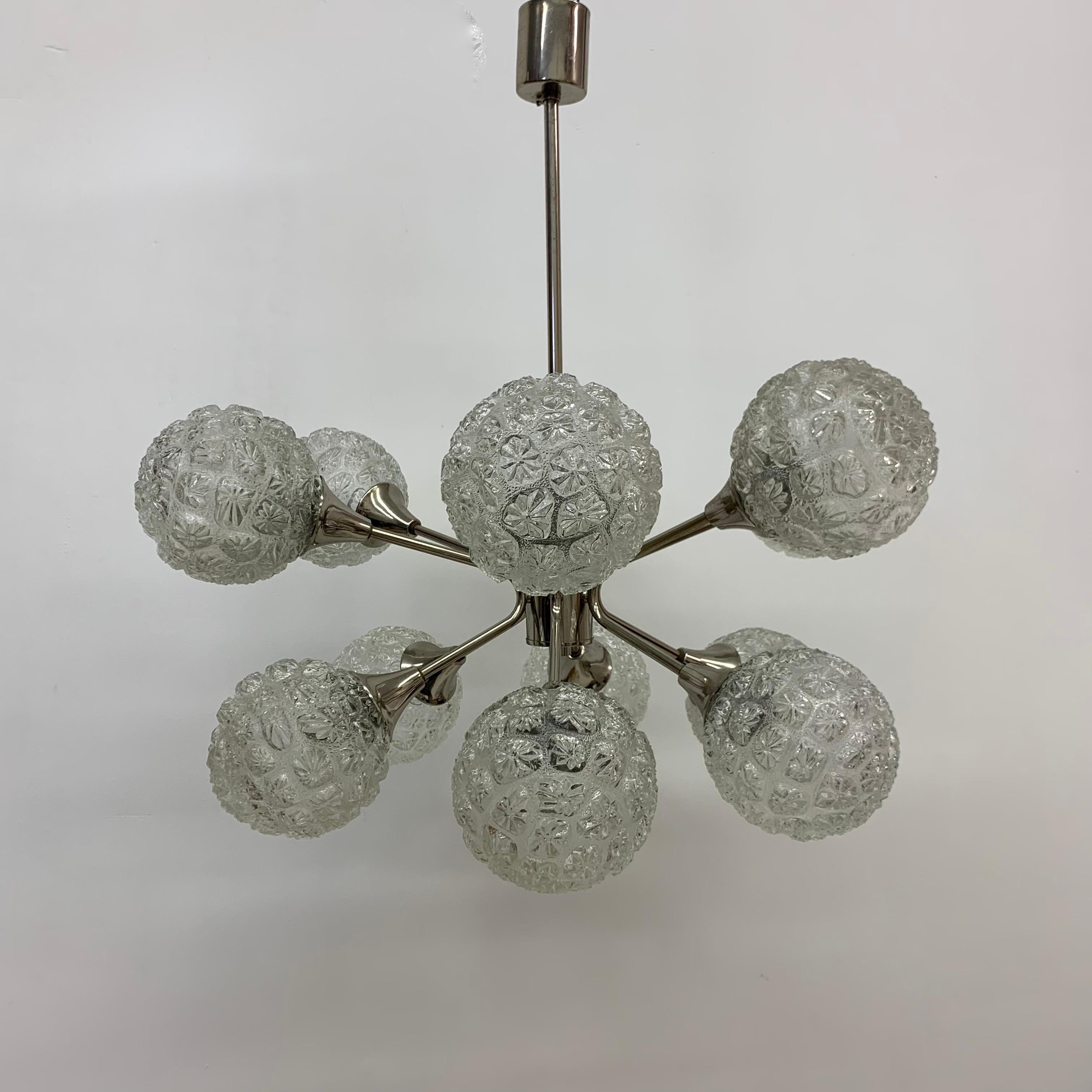 Midcentury Design Large Glass Chandelier Hanging Lamp, 1970s For Sale 11