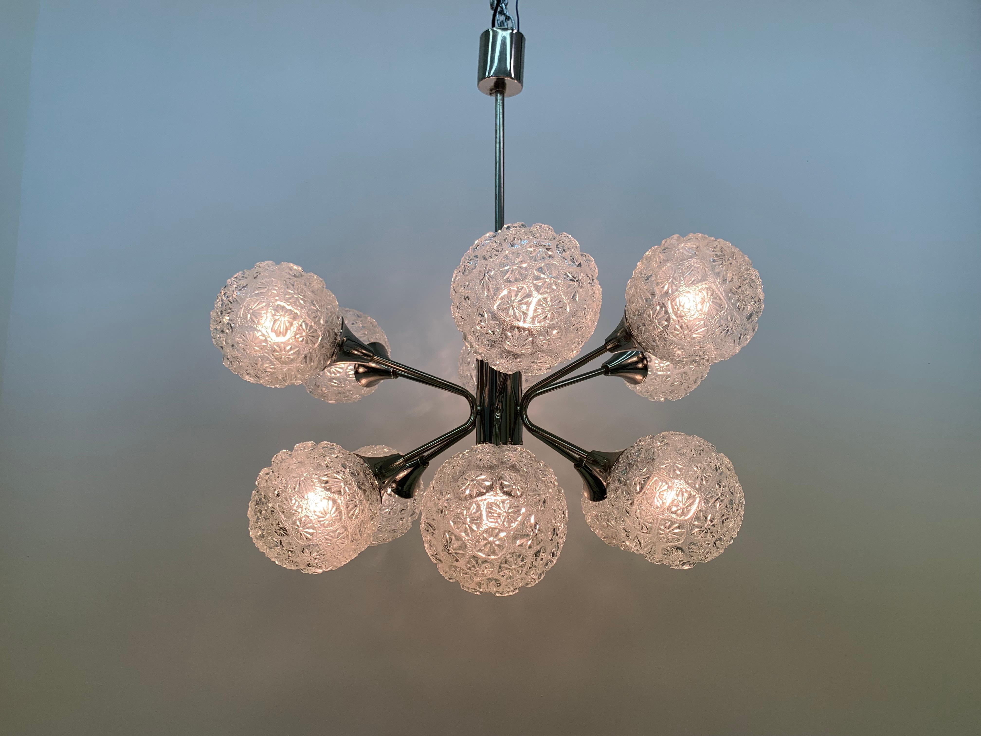 Mid-Century Modern Midcentury Design Large Glass Chandelier Hanging Lamp, 1970s For Sale