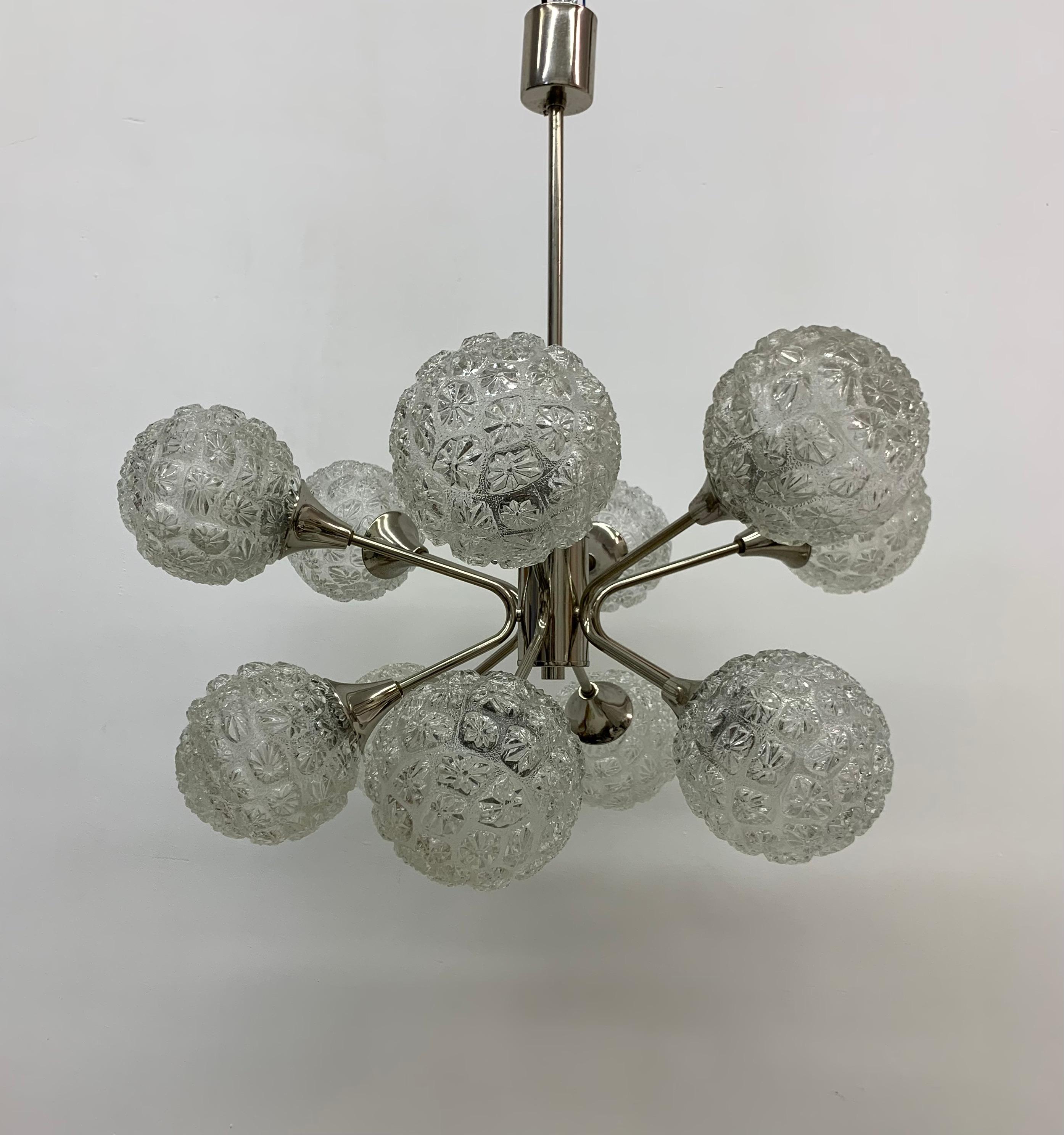 Midcentury Design Large Glass Chandelier Hanging Lamp, 1970s In Good Condition For Sale In Delft, NL