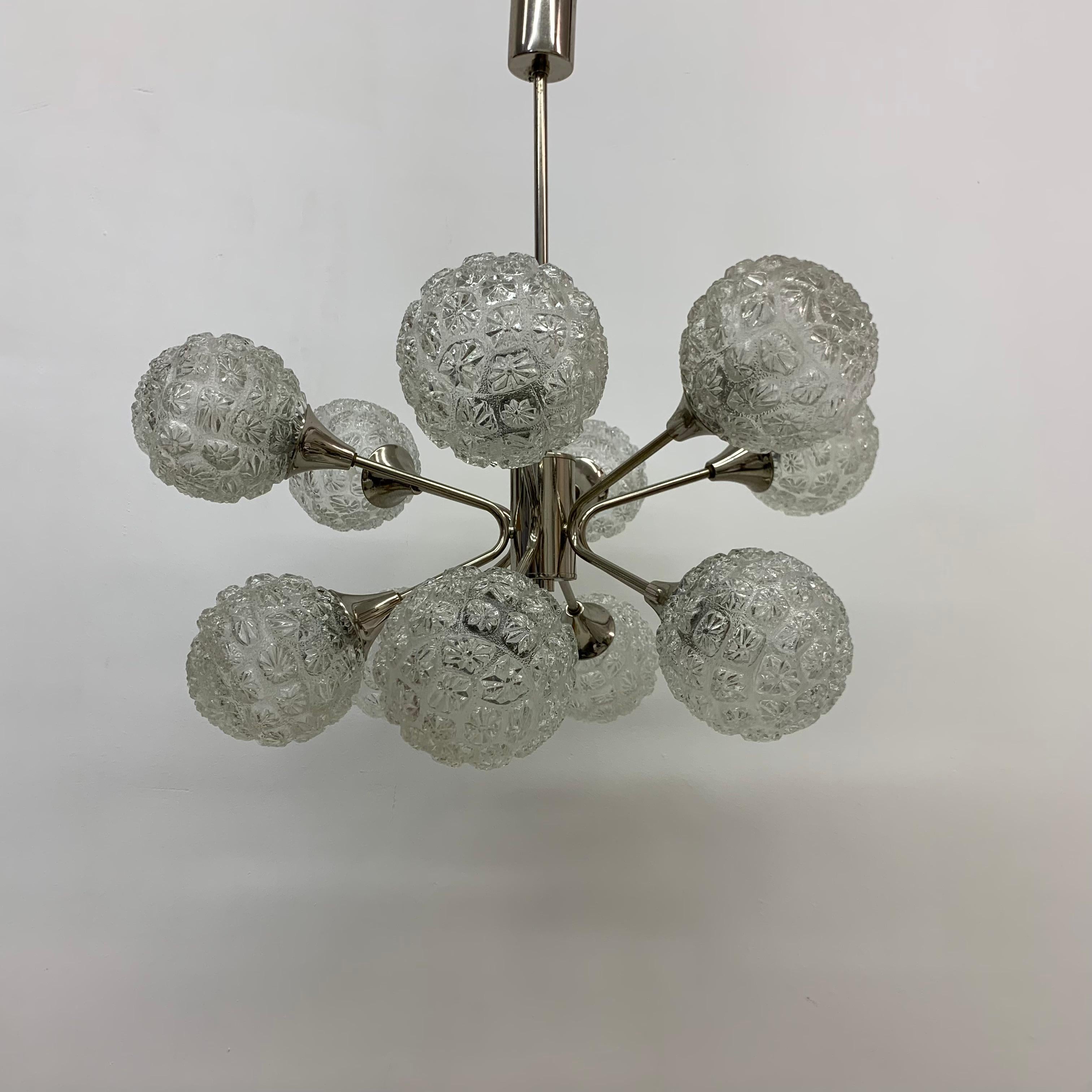 Metal Midcentury Design Large Glass Chandelier Hanging Lamp, 1970s For Sale