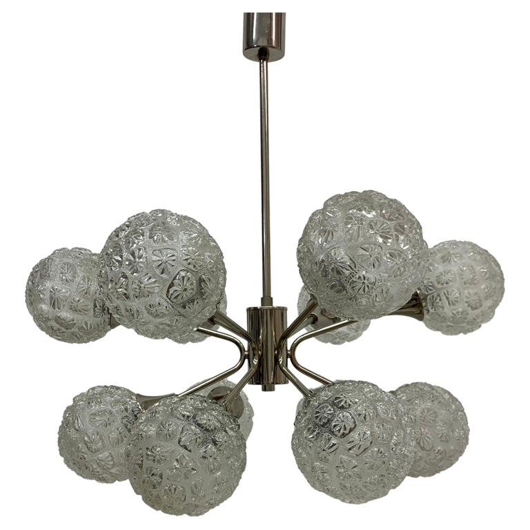 Midcentury Design Large Glass Chandelier Hanging Lamp, 1970s For Sale