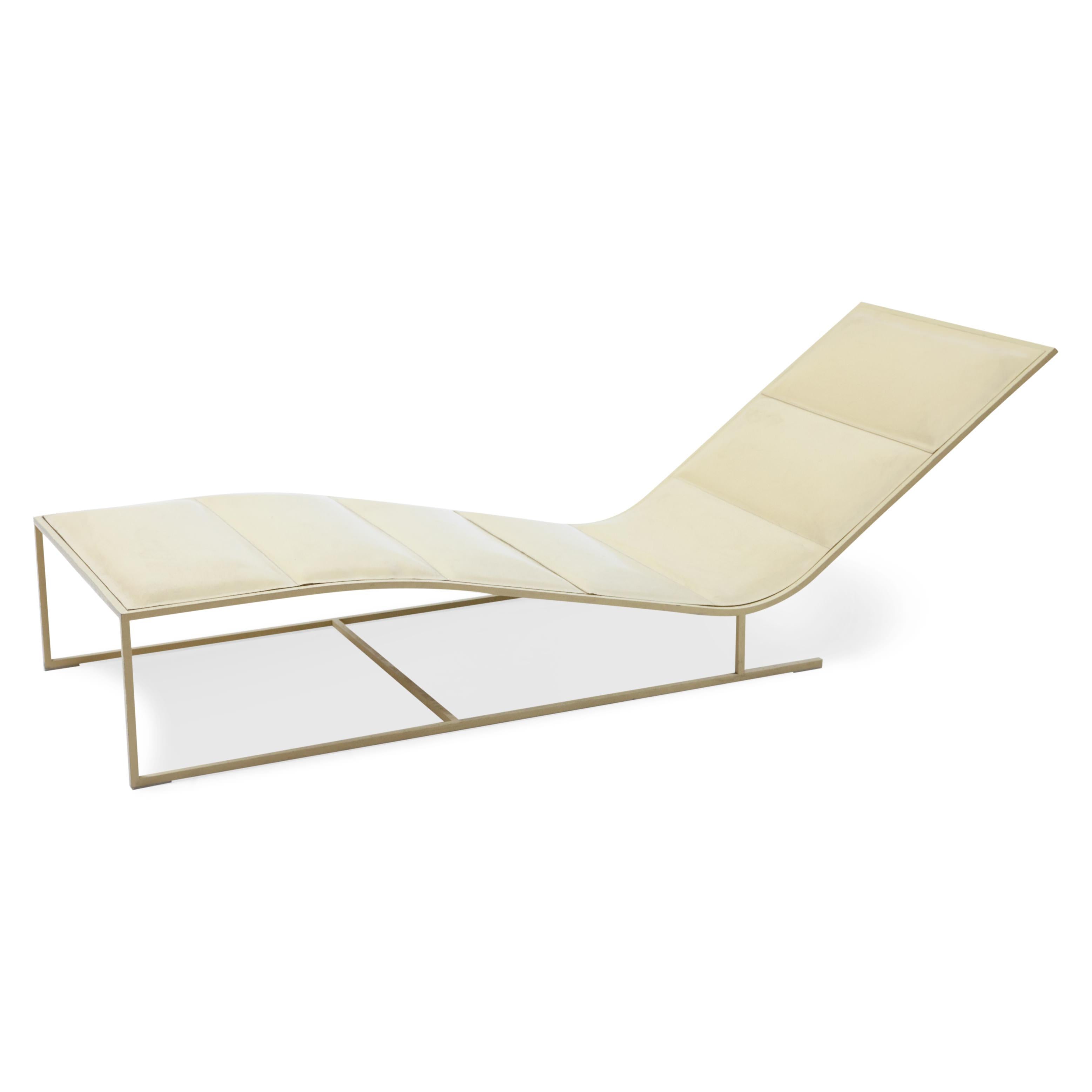 Resting on a linear cream lacquered iron frame, covered with faux leather in a corresponding colour. Signs of age and wear. The seat height varies from 16 to 32 cm.