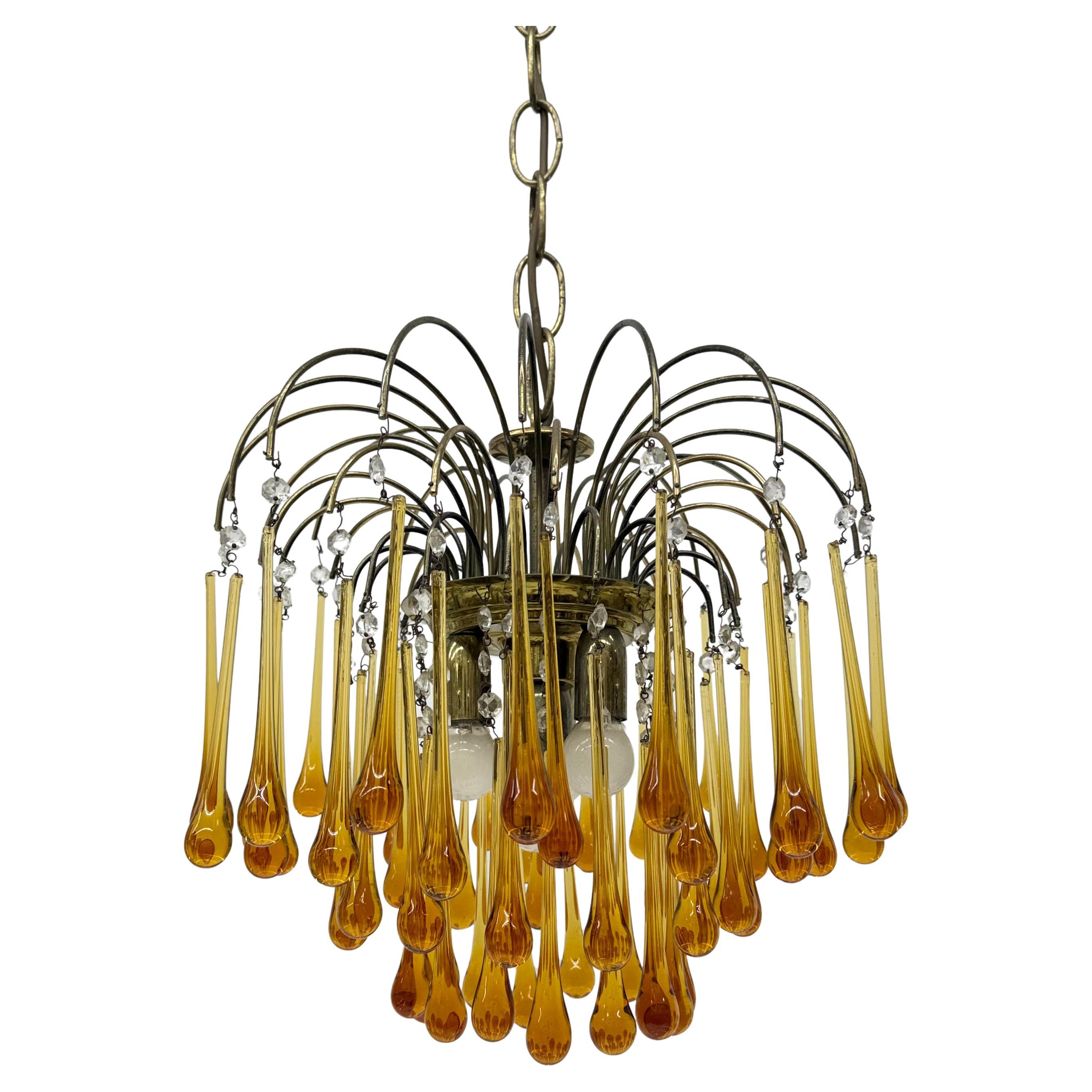 Lampadario a goccia in vetro ambrato di Murano di design di metà secolo, anni '70 in vendita