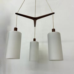 Mid-century design pendant lamp teak and opaline glass , 1970s