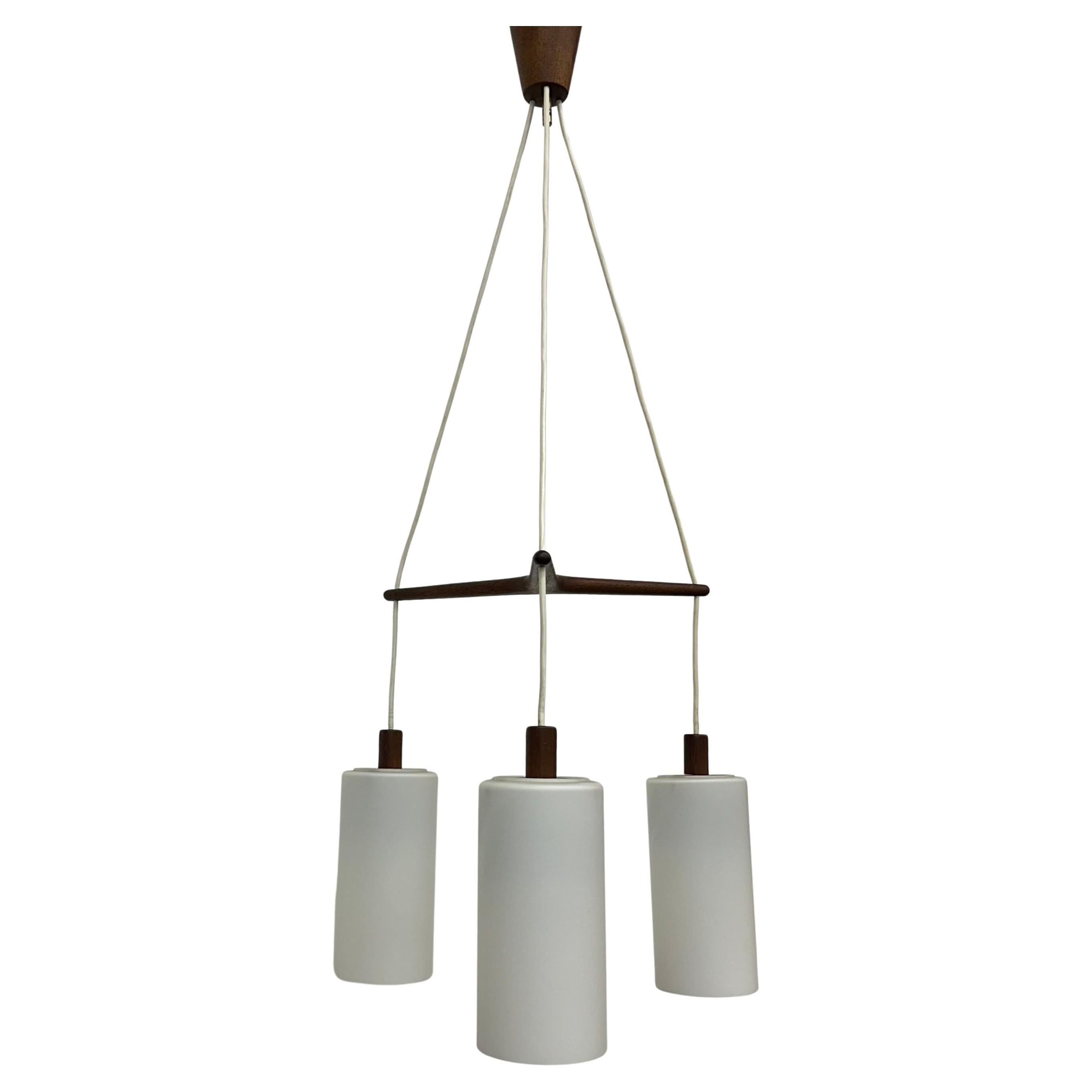 Mid-century design pendant lamp teak and opaline glass , 1970s