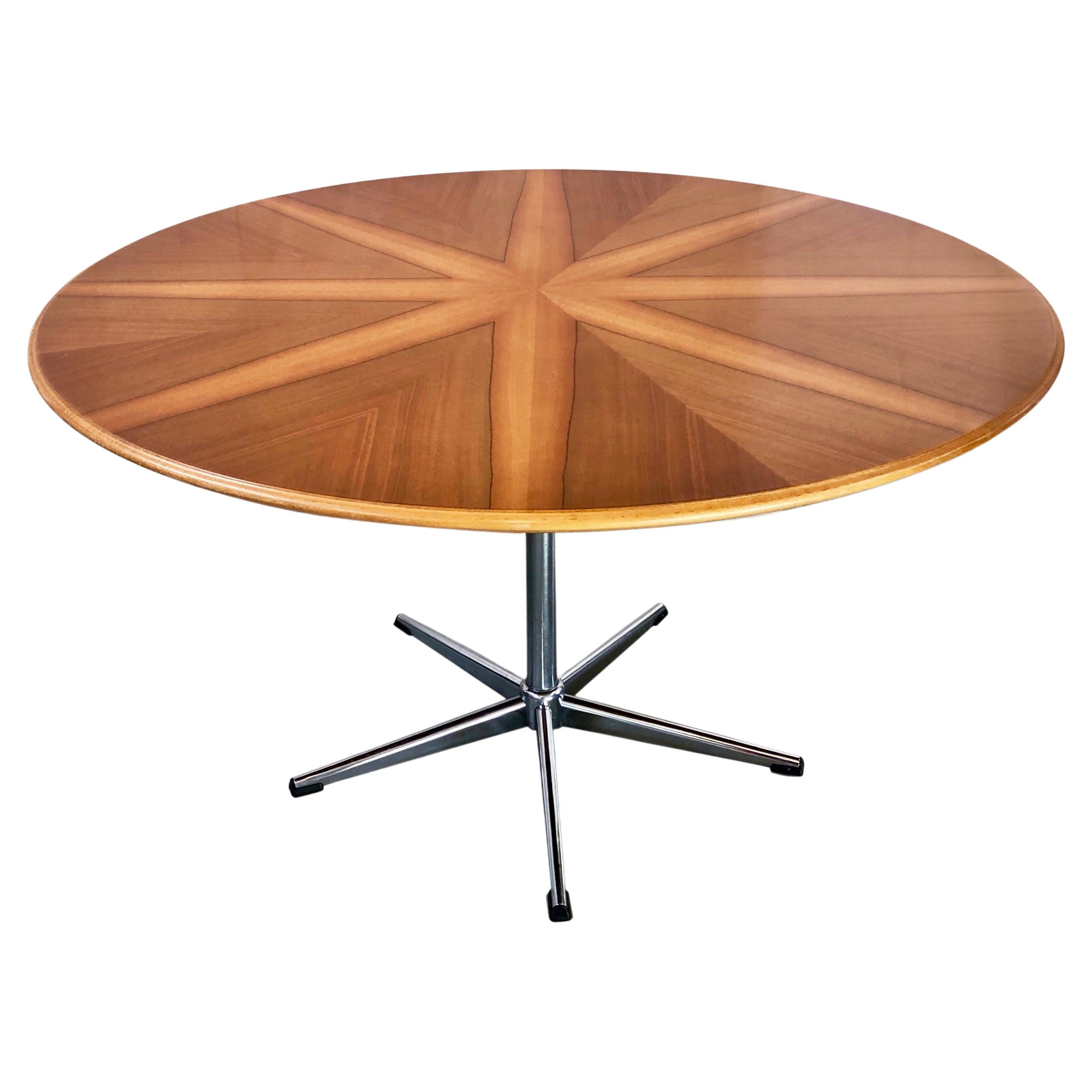 Mid Century Modern Starburst Round Coffee Table Walnut & Chrome, 1960s, Germany For Sale